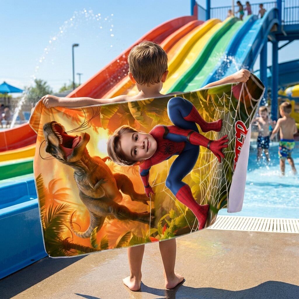 Little boy holding open his personalized superhero and dinosaur beach towel in front of a water park slide