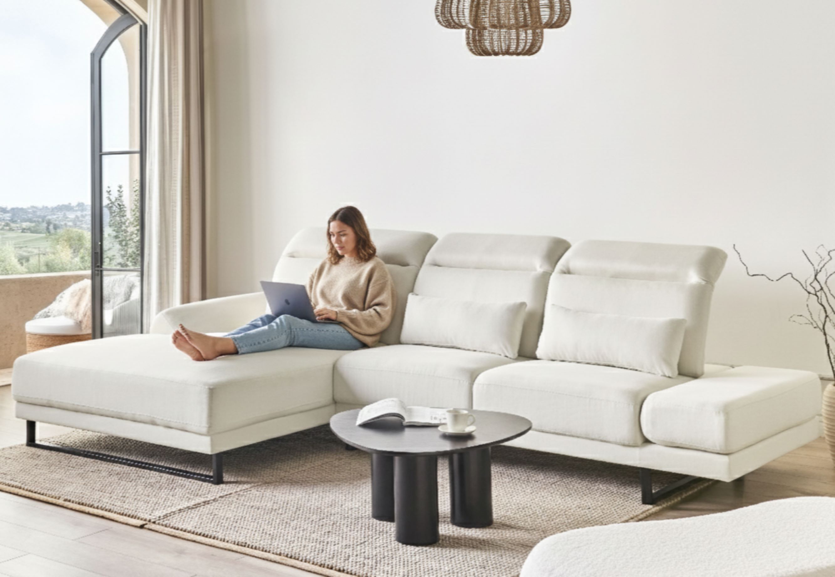 Corner Sofa 4 Seater IKAST Fabric Off-White Right Hand