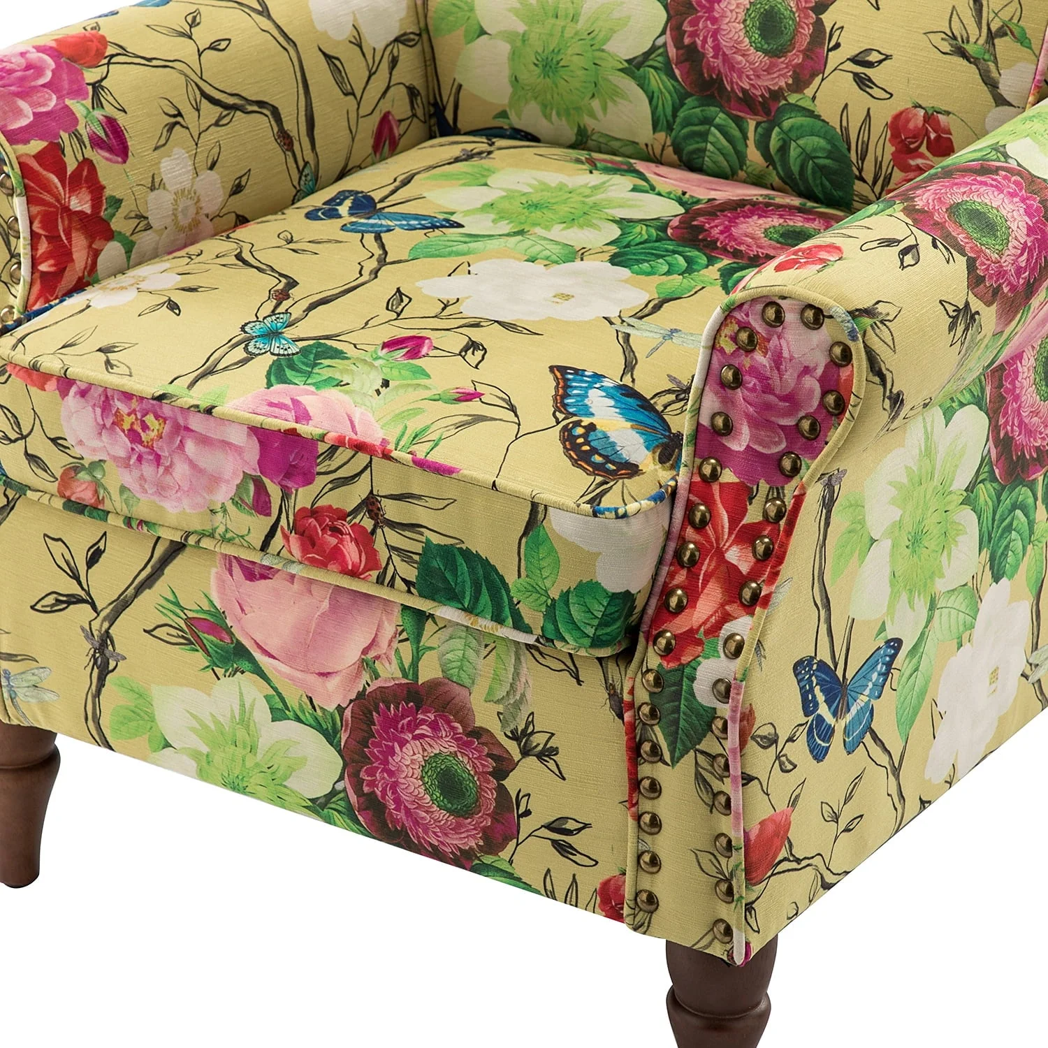 14 Karat Home Wingback Accent Chair Removable Cushion Floral Upholstered Sofa Armchair Couch Wood Legs Nailhead Trim Mustard - Image 9
