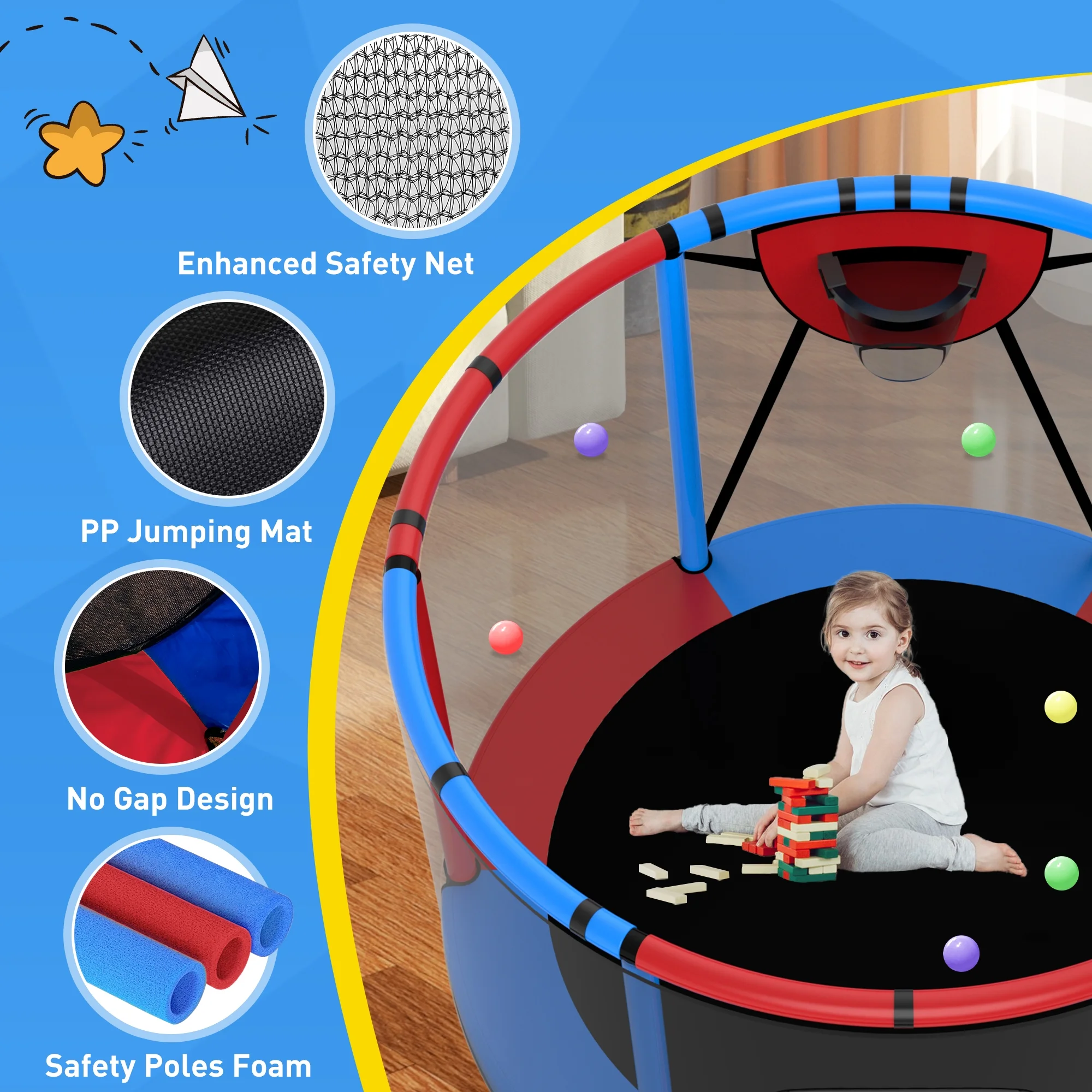 CITYLE Trampoline for Kids 600LBS 60'' 5FT Toddler Trampoline Indoor Outdoor with Basketball Hoop, Swing, Adjustable Bar, Mini Small Trampoline with Enclosure, Gifts for Toddlers, Boys & Girls - Image 23