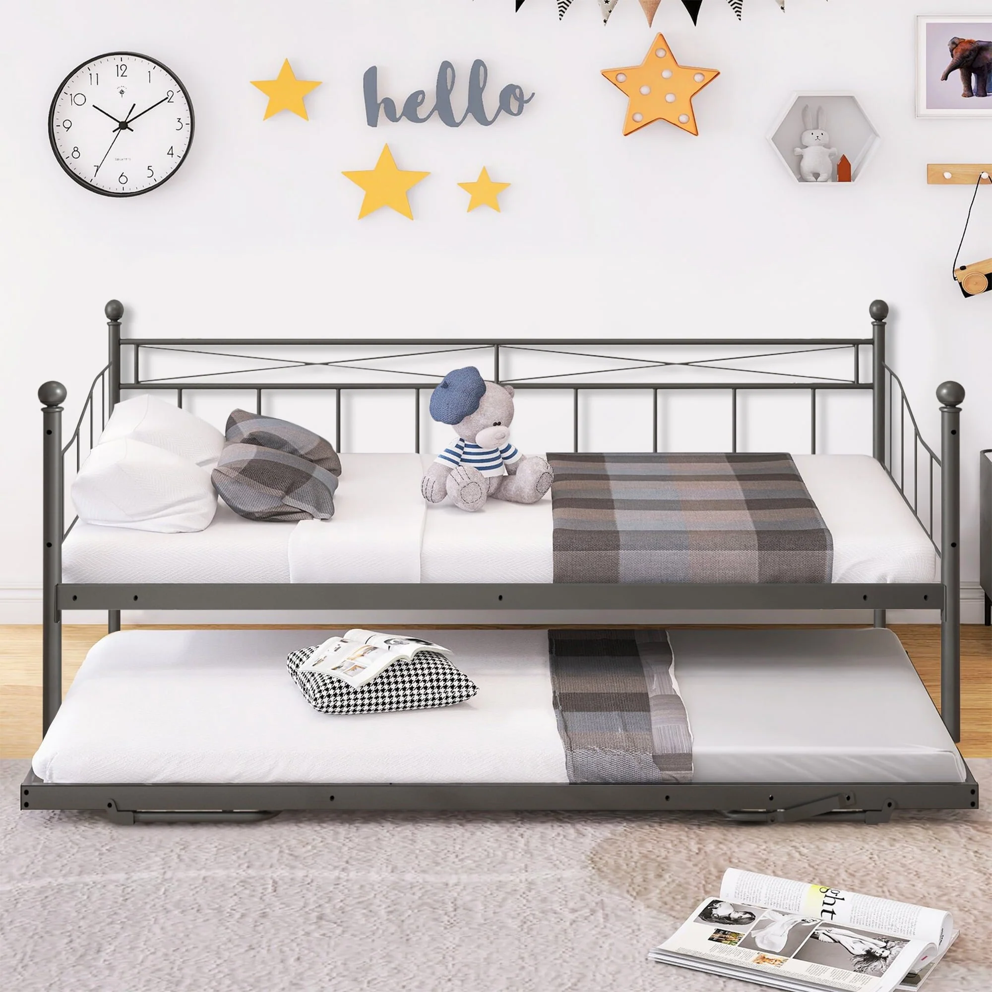 Daybed with Trundle, Metal Twin Daybed for Living Room/Bedroom, Twin Size Sofa Bed with Pop Up Trundle, Space Saving Design, Modern Home Platform Bed Frame, No Box Spring Needed, Black, D6609