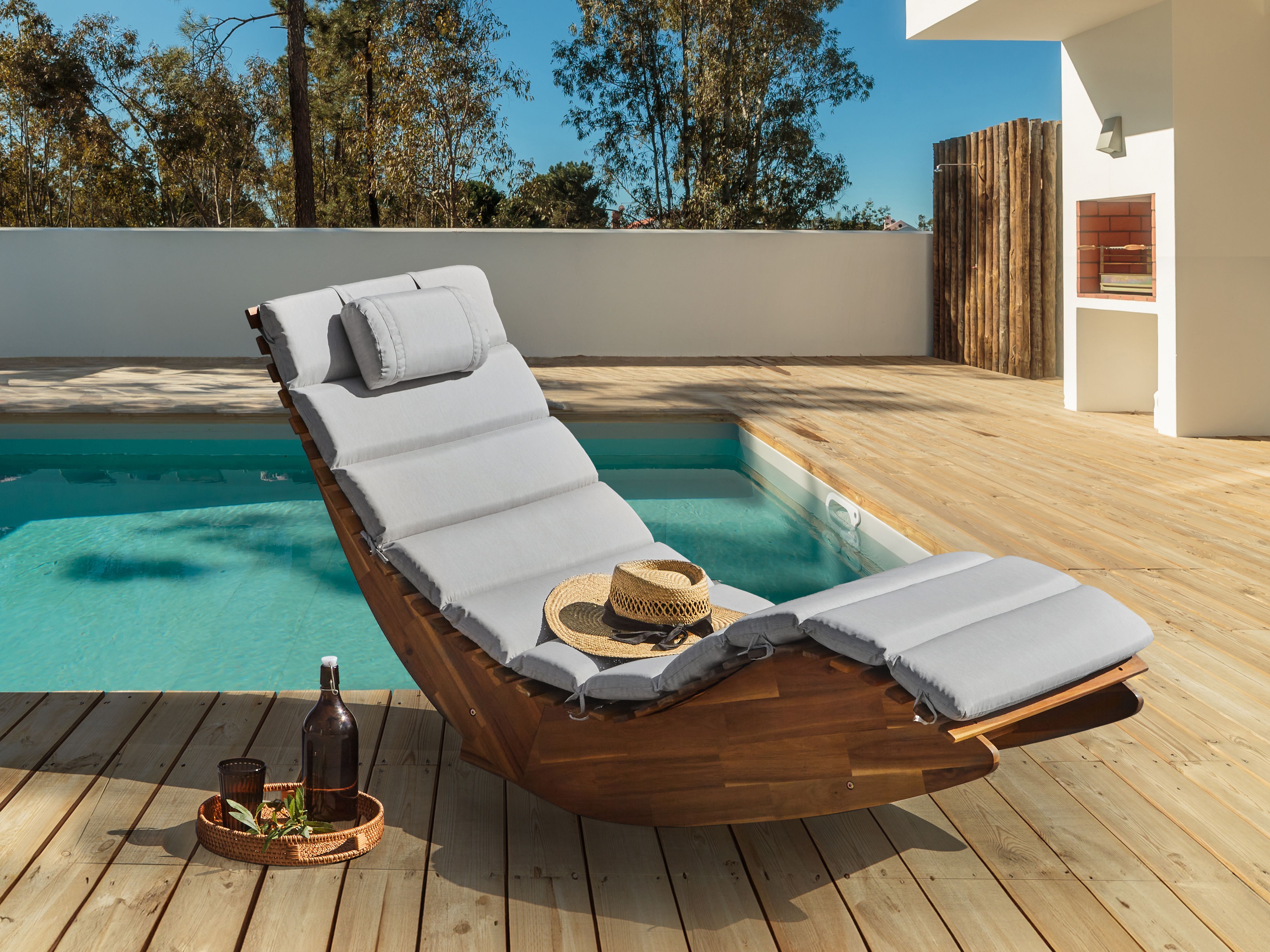 Sun Lounger with Cushion BRESCIA PREMIUM Acacia Wood Light Grey