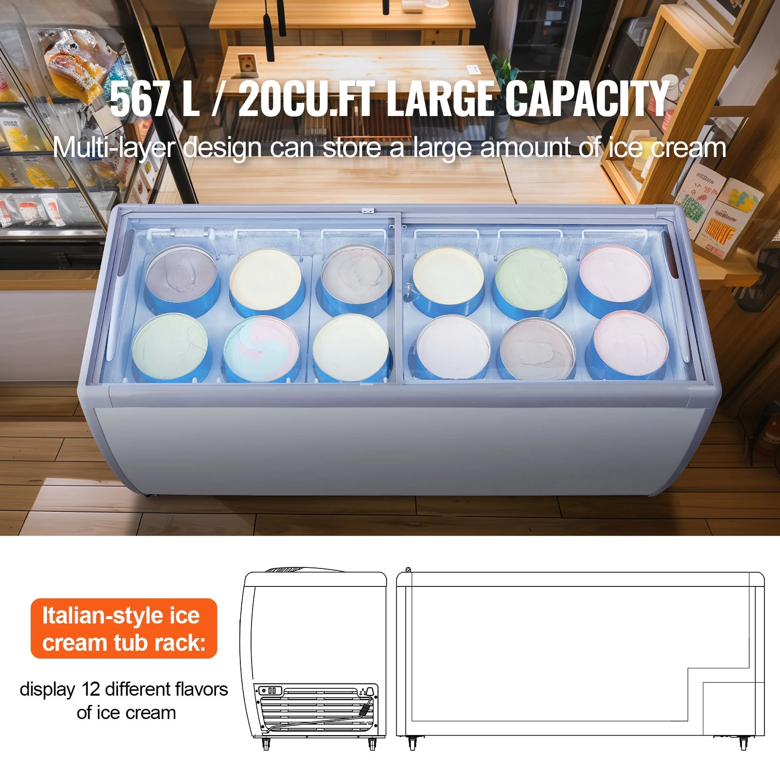 KFFKFF Professional Ice Cream Showcase, 20 Cu.ft Storage Freezer, Portable Transparent Lid Deep Freezer, Diner Sorbet Serving Cabinet with 12 Spacious Tube, White