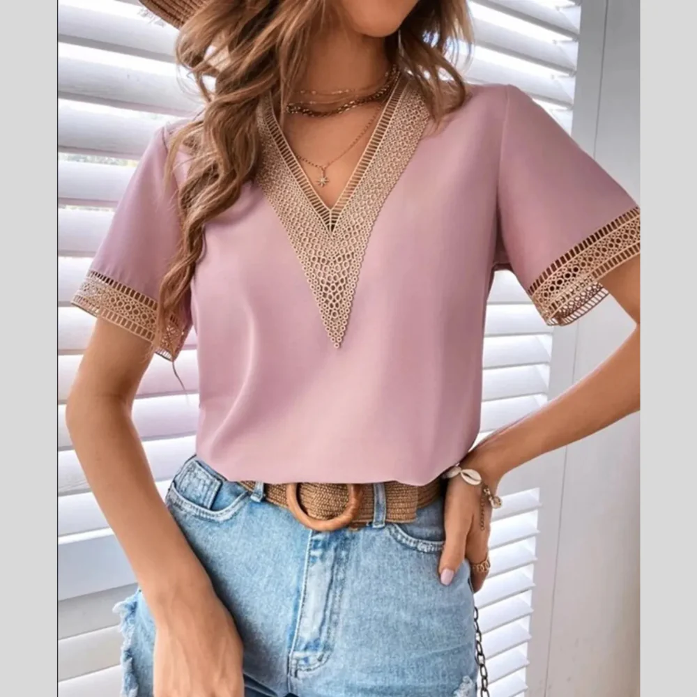 Full Size Contrast V-Neck Short Sleeve Blouse Plus Size - ZKZOOK