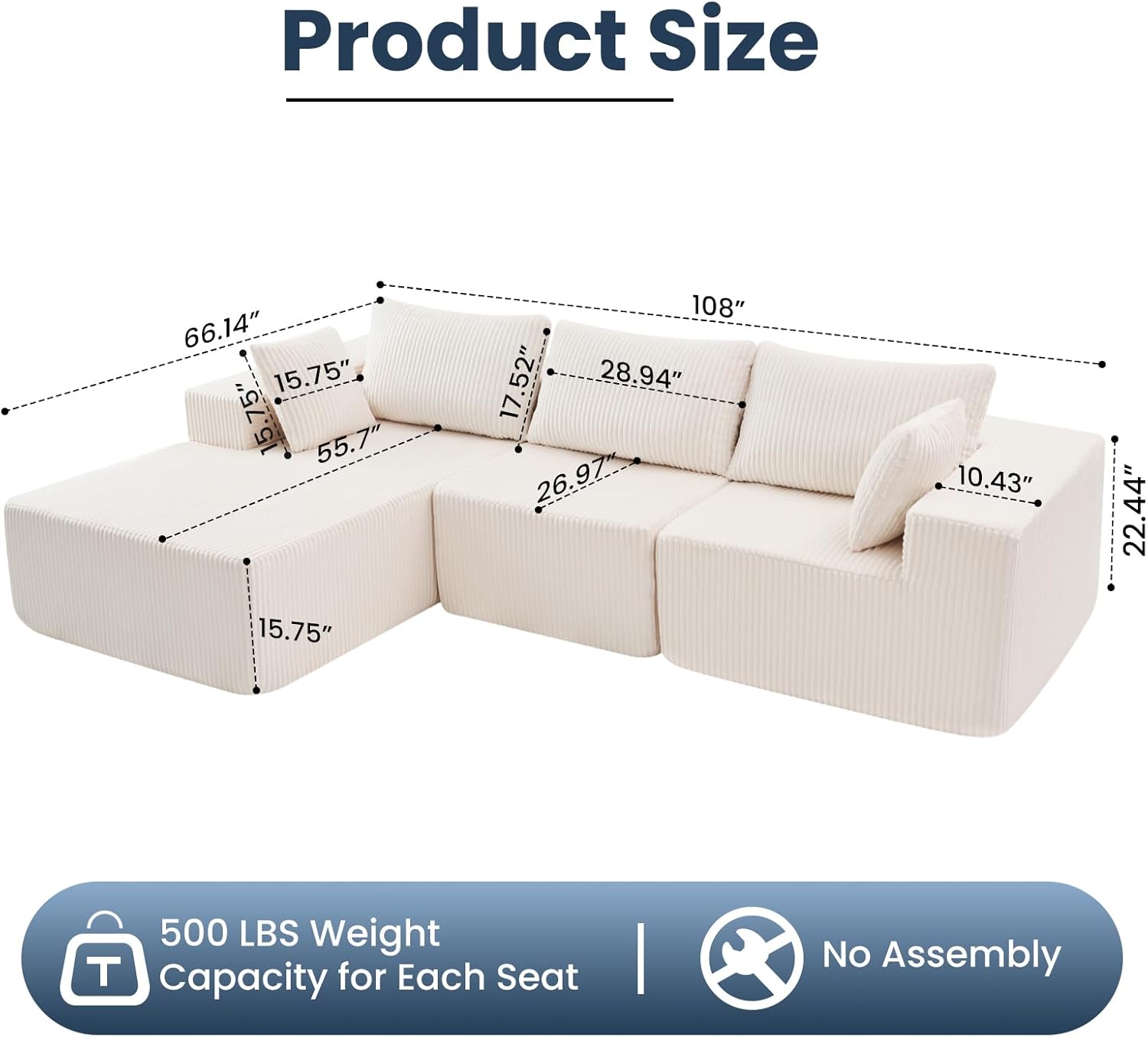 DUMOS 108” Modular Sectional Sofa, Cloud Sectional Couch with Deep Seat, Modern Modular L-Shape Sofa Couch with Chaise,Upholstered Boneless Couches for Living Room Bedroom (Beige,Left Facing Chaise)