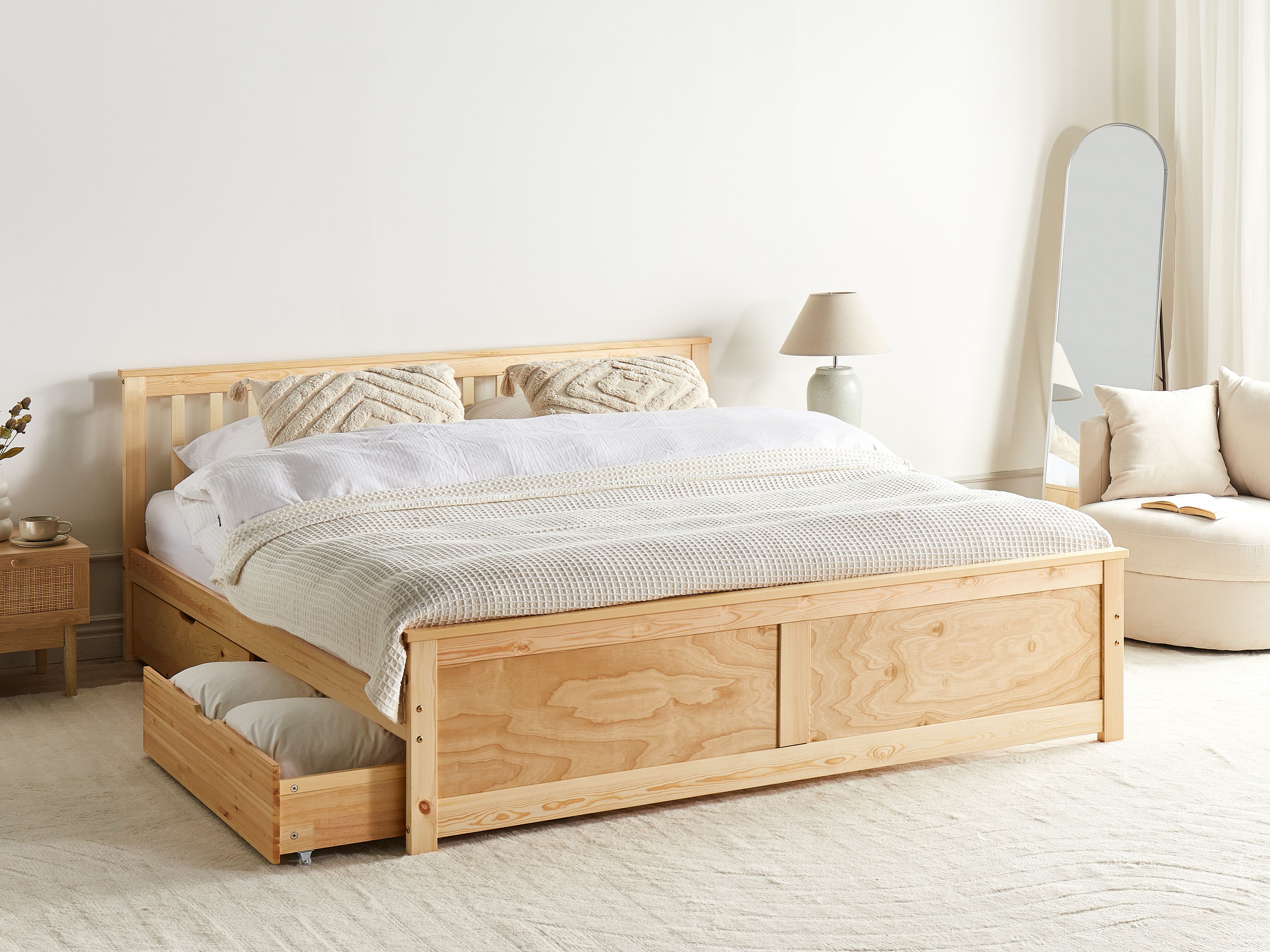 Bed with Storage Drawers Pine Wood OLENDON 160 x 200 cm (EU King Size) Light Brown