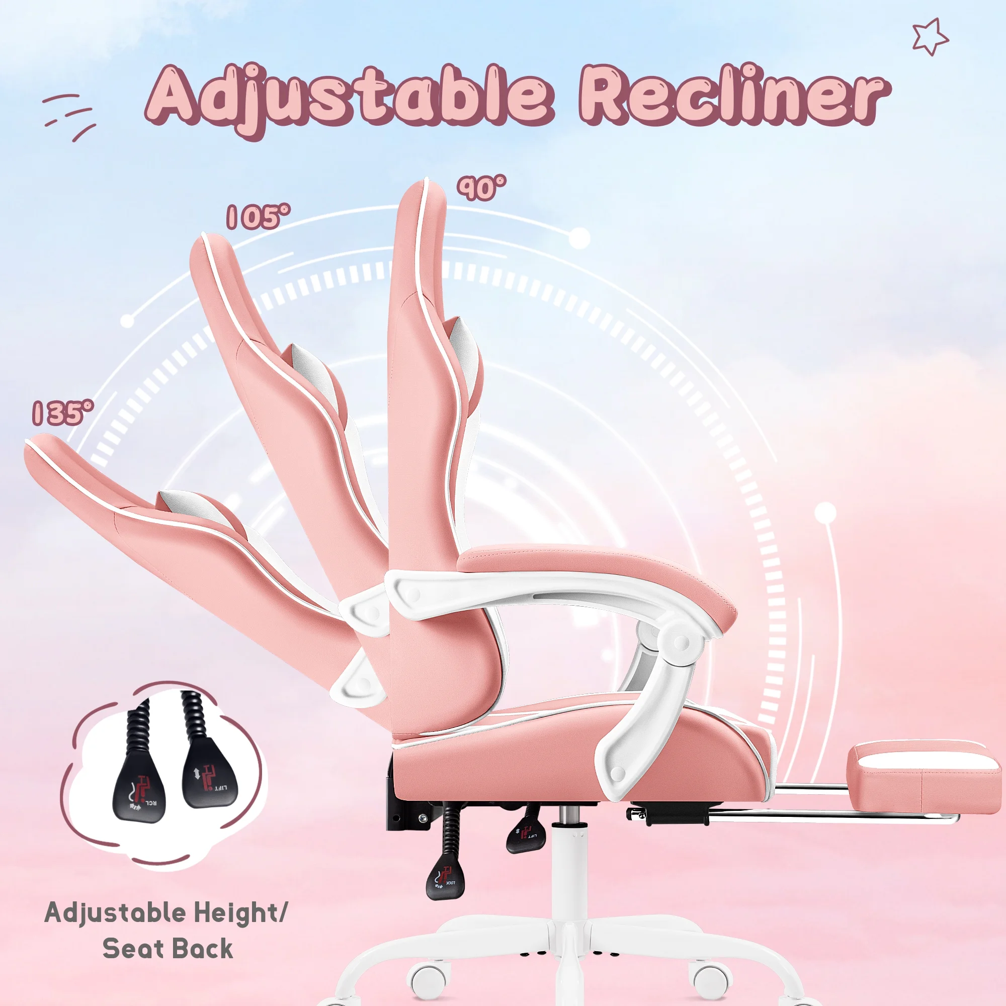 Lacoo PU Leather Gaming Chair Massage Ergonomic Gamer Chair Height Adjustable Computer Chair with Footrest & Lumbar Support, White - Image 51