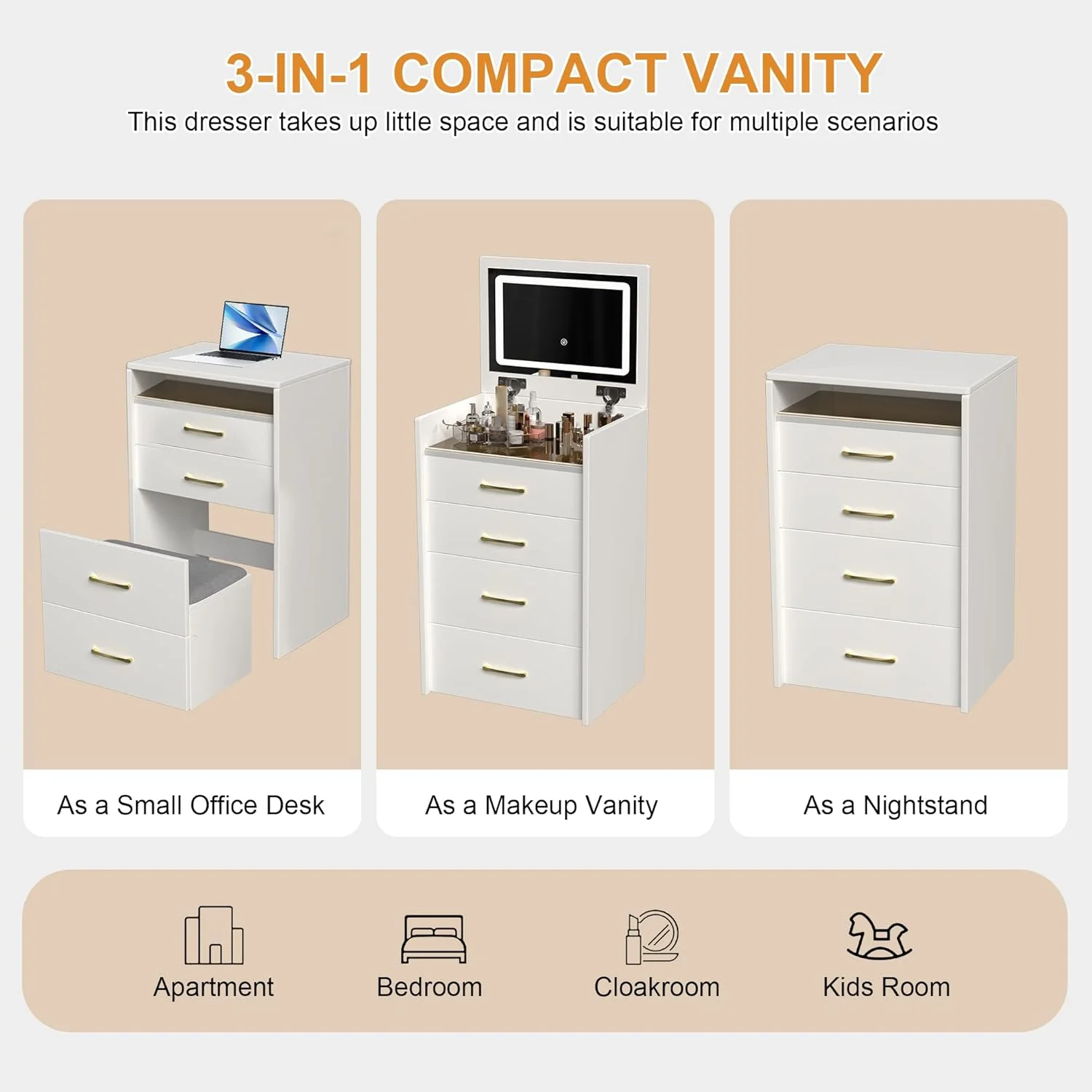 Montary Modern Mini Vanity w/Adjustable LED Mirror + Hidden Storage, Padded Stool & Dustproof Shelves (White) - Image 121