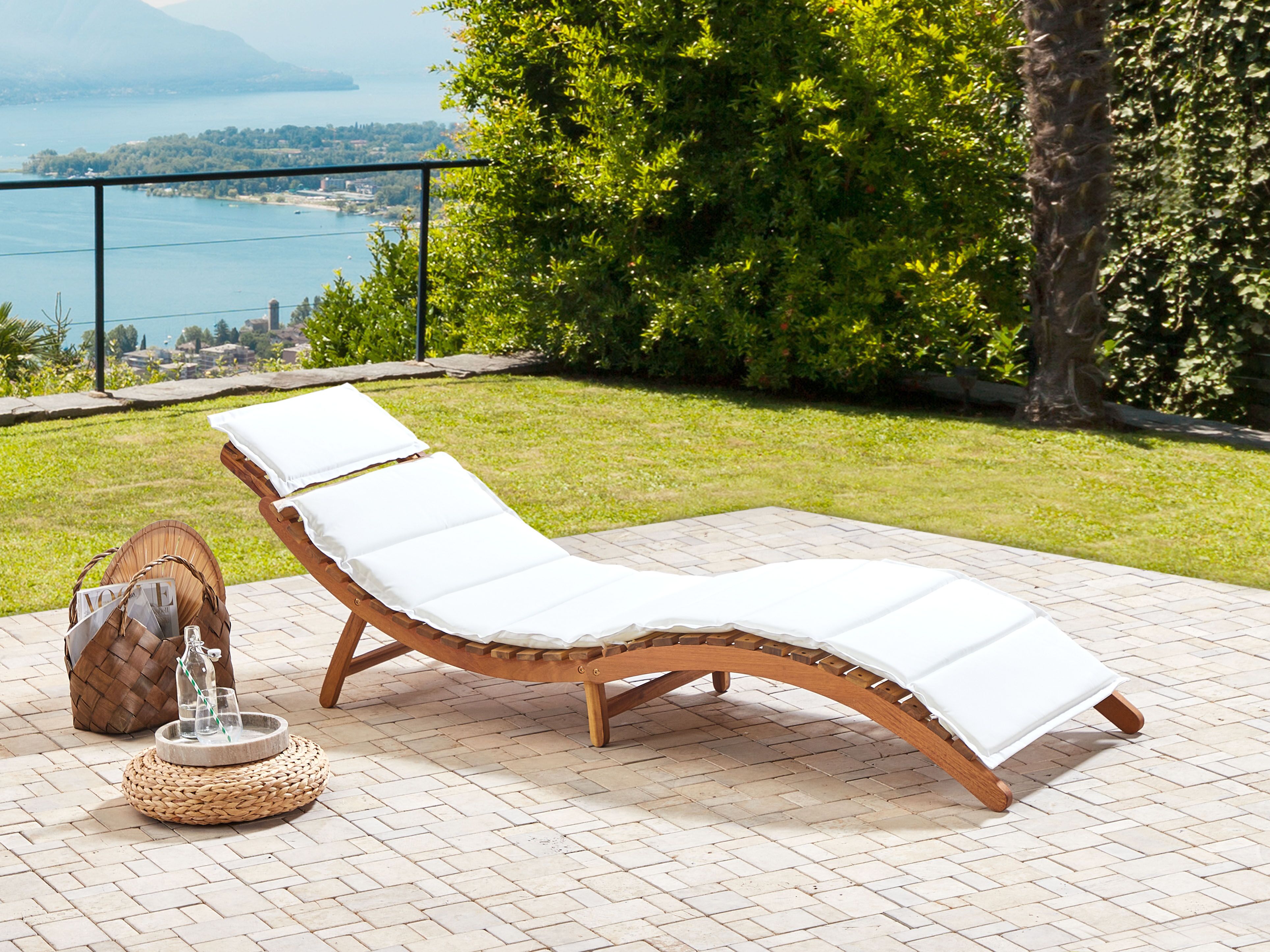 Sun Lounger with Cushion LUINO Acacia Wood Off-White