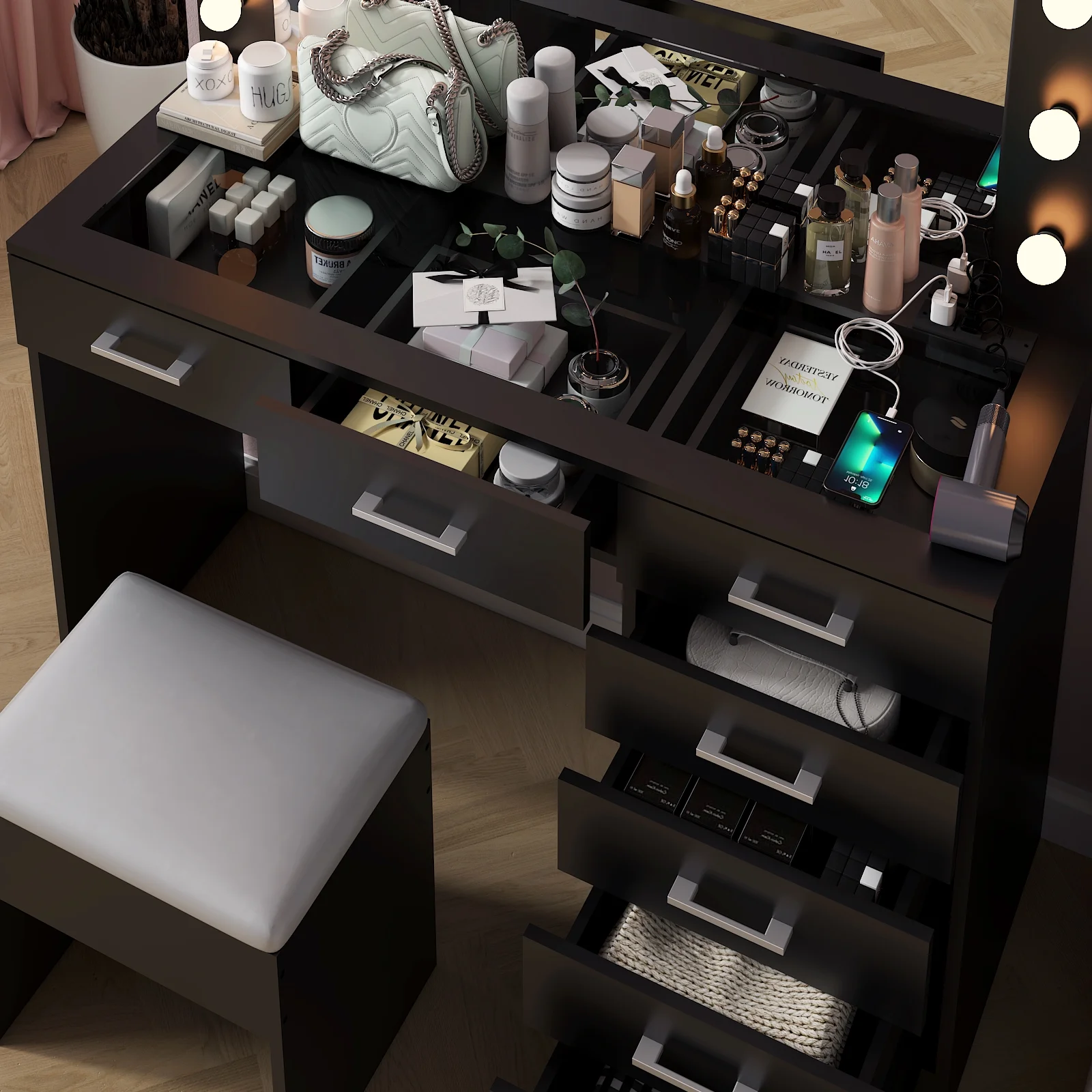 Ktaxon Large Makeup Vanity, Vanity Table Set w/ Visible Glass Top w/ Charging Station, White - Image 107