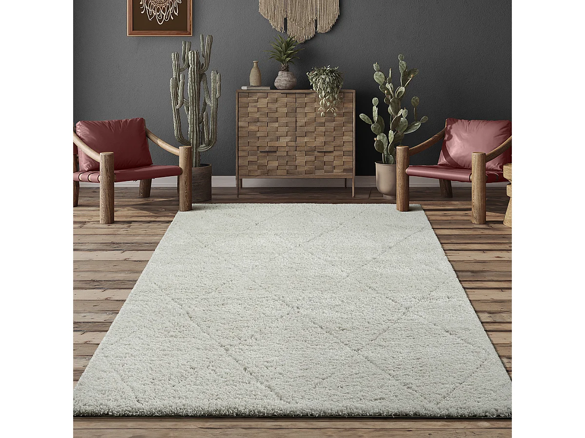 Tapis Bahar Shaggy motif losange, Crème, 200 x 290 cm
