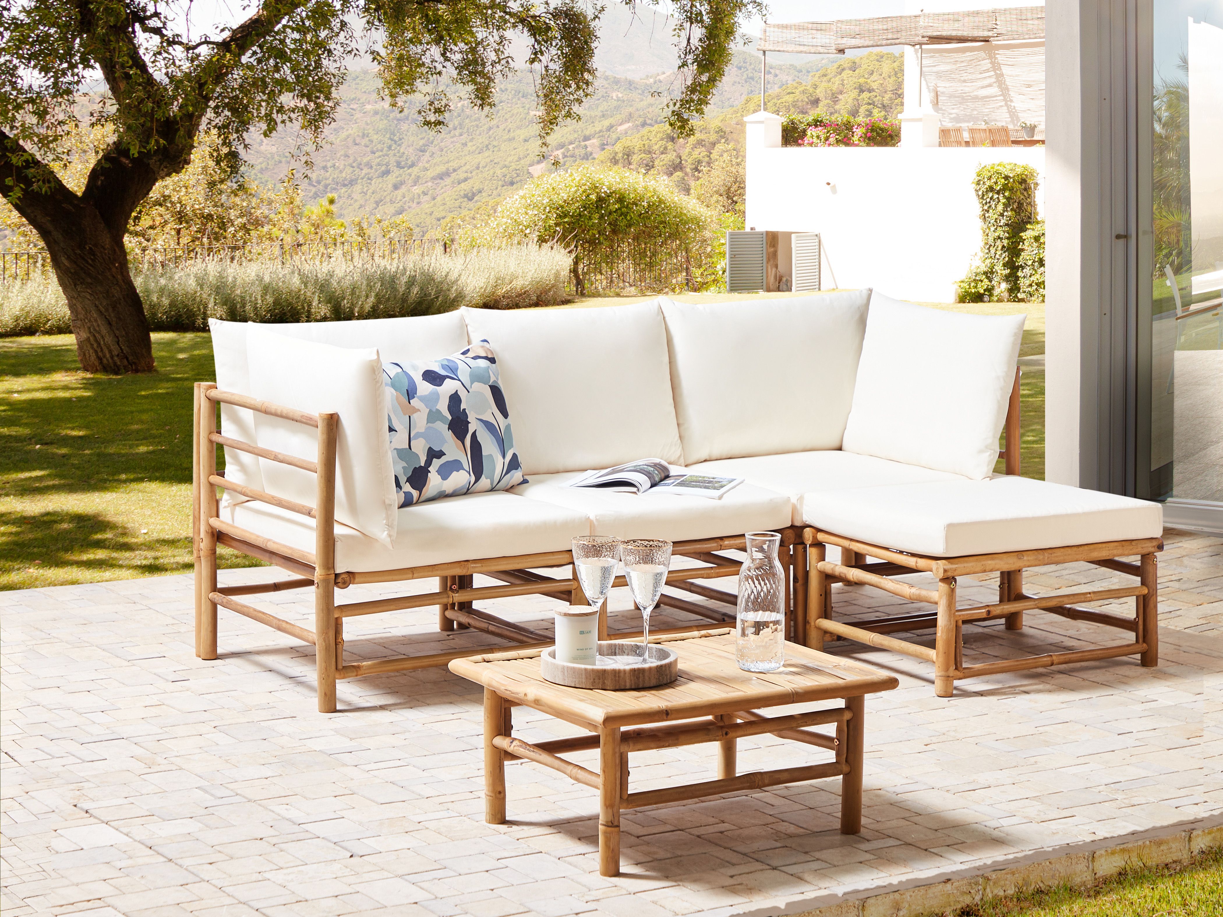 Garden Corner Sofa with Table 4 Seater CERRETO Left Hand Bamboo Off-White