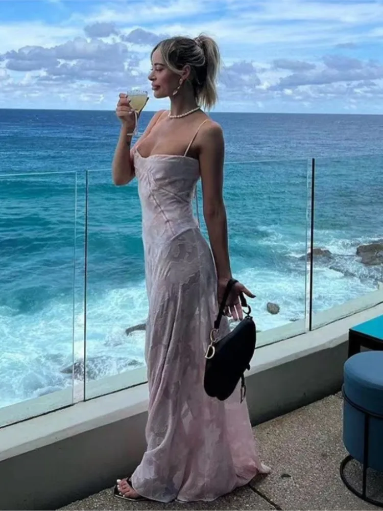 2025 Summer New Dresses For Women Spaghetti Strap Lace Hollow Out Low Cut Sexy A-lin Long Dress Beach Vacation Fashion Vestidos - AZJHJ