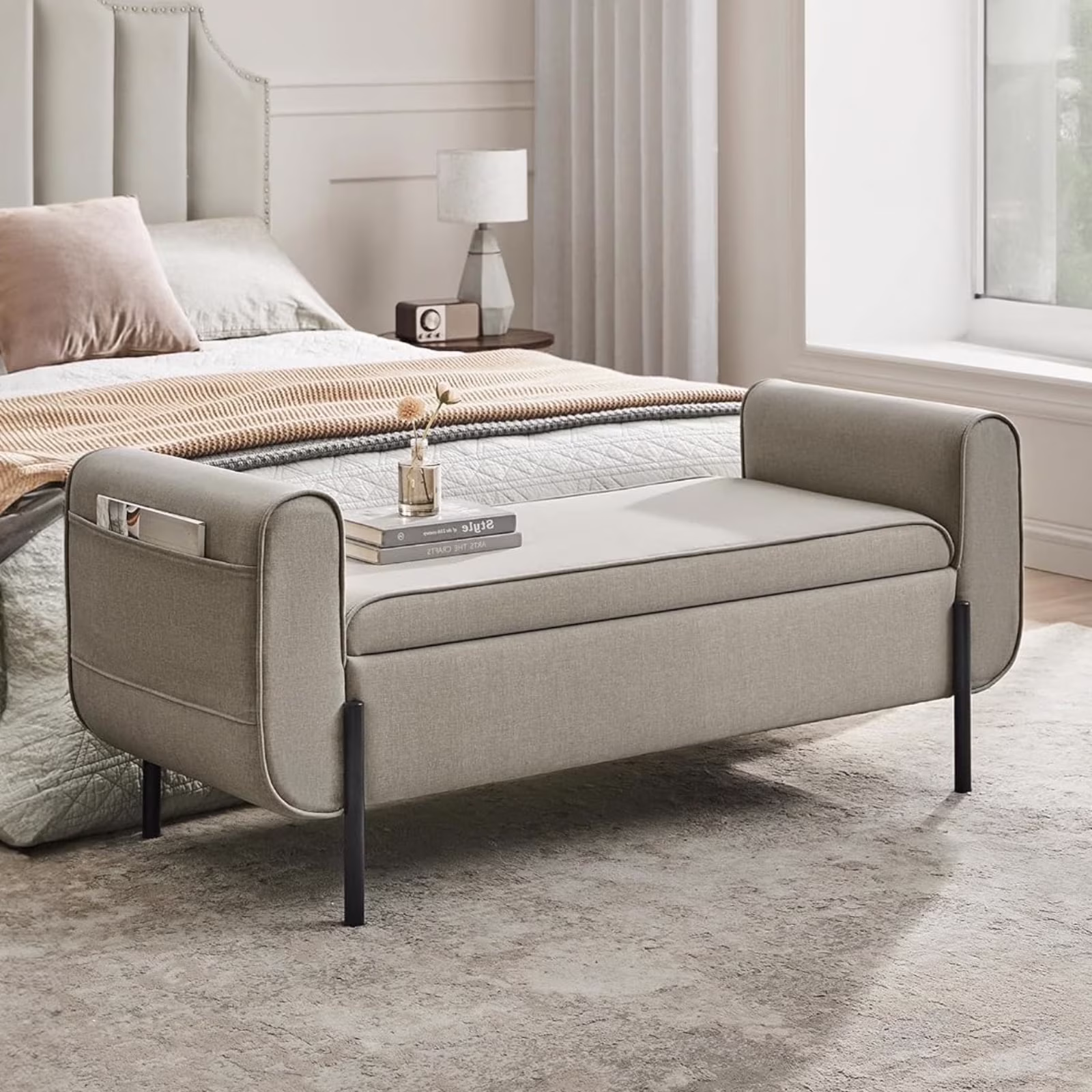 SONGMICS 46.5" Storage Ottoman Bench Storage Bench Bedroom Bench 330lb Load Capacity Solid Wood Legs Light Gray - Image 7