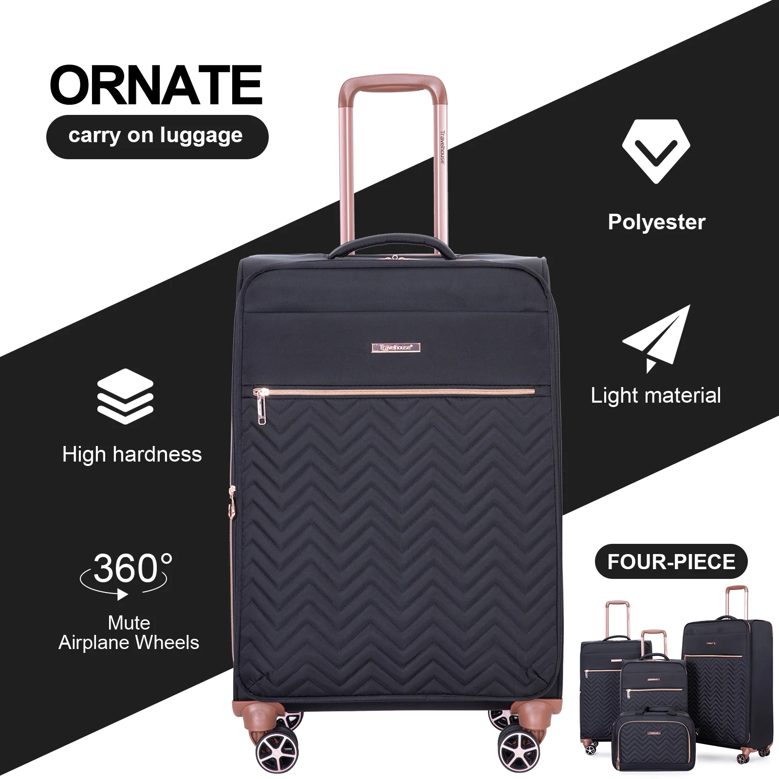 Travelhouse 4 Piece Luggage Set Softside Expandable Lightweight Suitcase with Double Spinner Wheels.(Black)