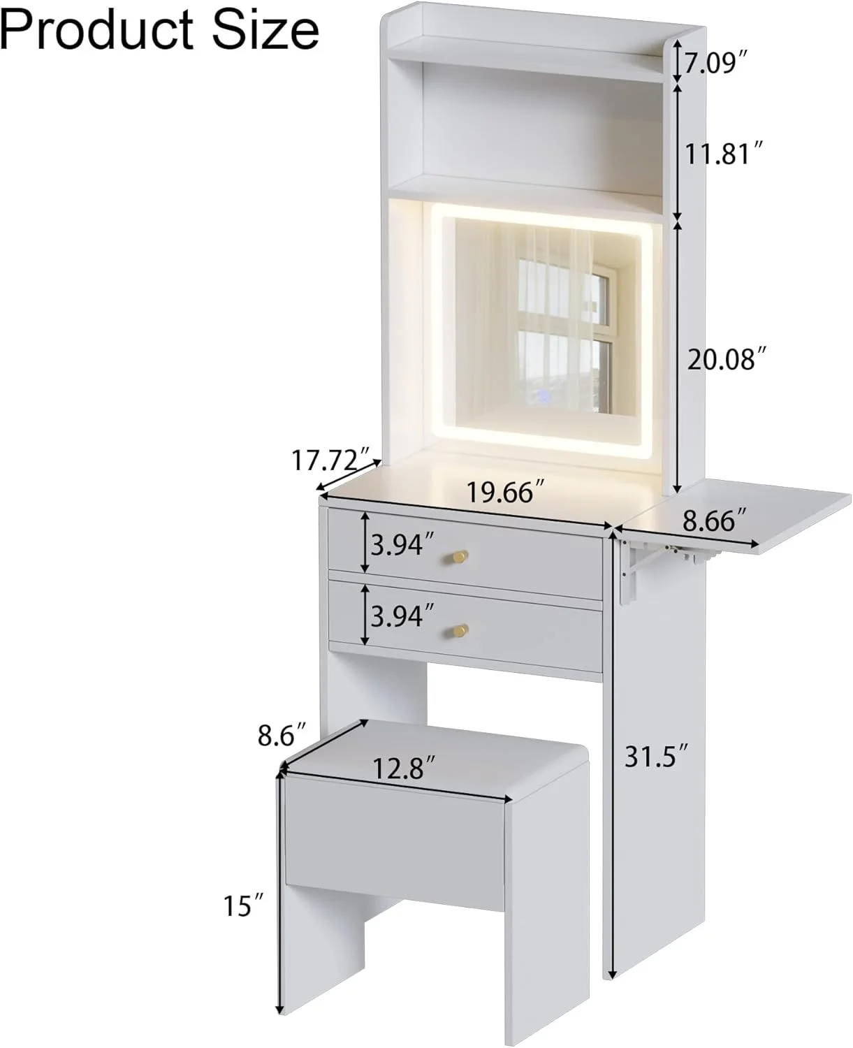 Montary Modern Mini Vanity w/Adjustable LED Mirror + Hidden Storage, Padded Stool & Dustproof Shelves (White) - Image 134