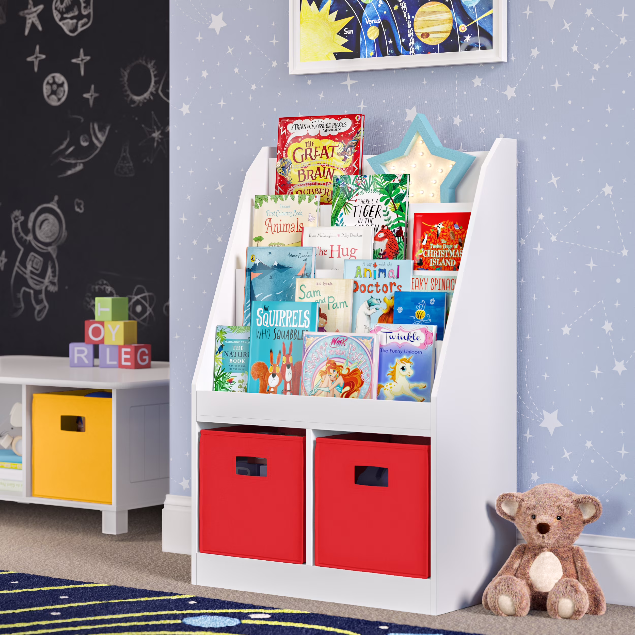 RiverRidge Kid Bookshelf Toy Storage Organizer with 4 Bookracks 2 Cubbies and 2 Gray Bins - Image 3