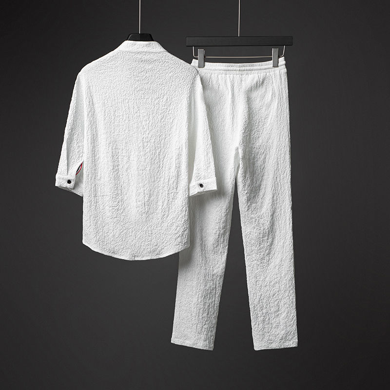 Men's White Ice Silk Linen Two Piece
