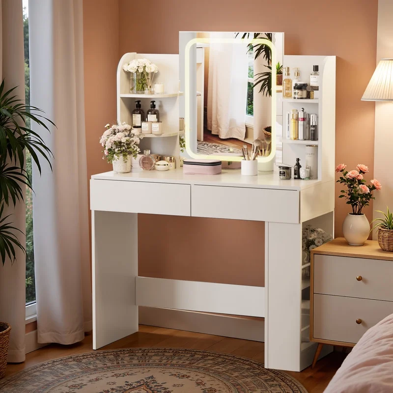 Furmax Makeup Vanity Desk with LED Lighted Mirror Vanity Table with Drawers, Shelves & Side Storage for Bedroom, White