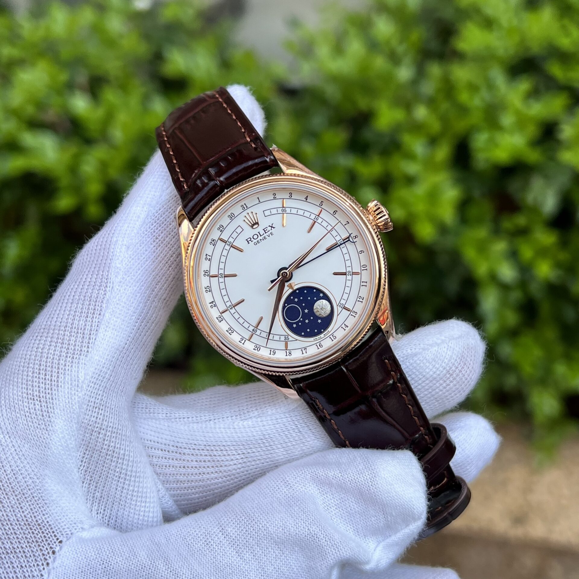 Rolex Replica 11 Watch Cellini Moonphase 50535 Rose Gold Plated White Dial 39mm - Elite Watch Atelier
