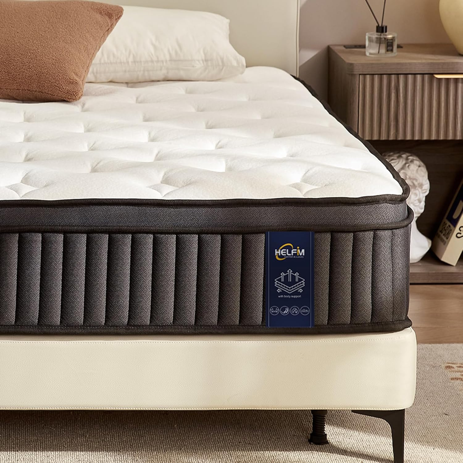 HELFIM® Queen Mattress - 12 Inch Medium Firm Ergonomic Mattress, Hybrid Zoned Pocket Springs with Memory Foam for Spinal Support & Motion Isolation - CertiPUR-US Certified, 365-Night Trial