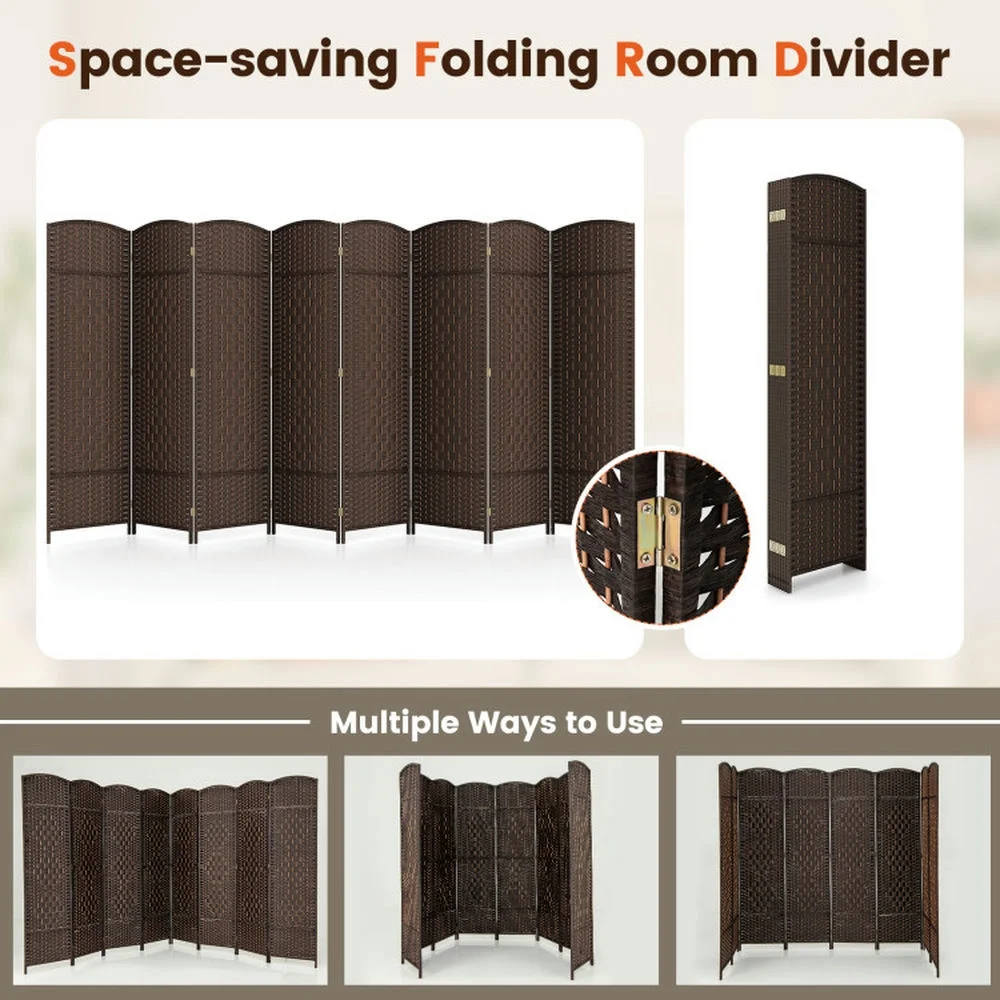 Spaco 8-Panel 8 Feet Tall Room Divider, Folding Room Divider with Hand-Woven Texture, Privacy Screen with Solid Wood Frame for Indoor, Brown - Image 5