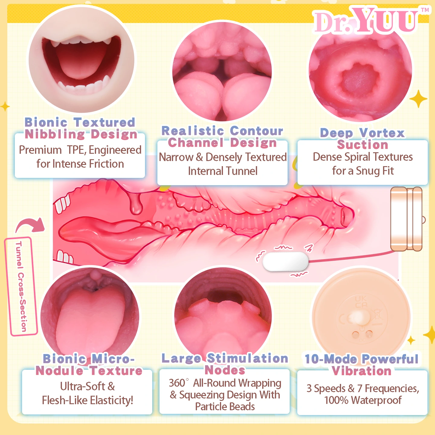 Deep suction chamber and textured bumps inside the soft Dr.YUU hentai masturbator.