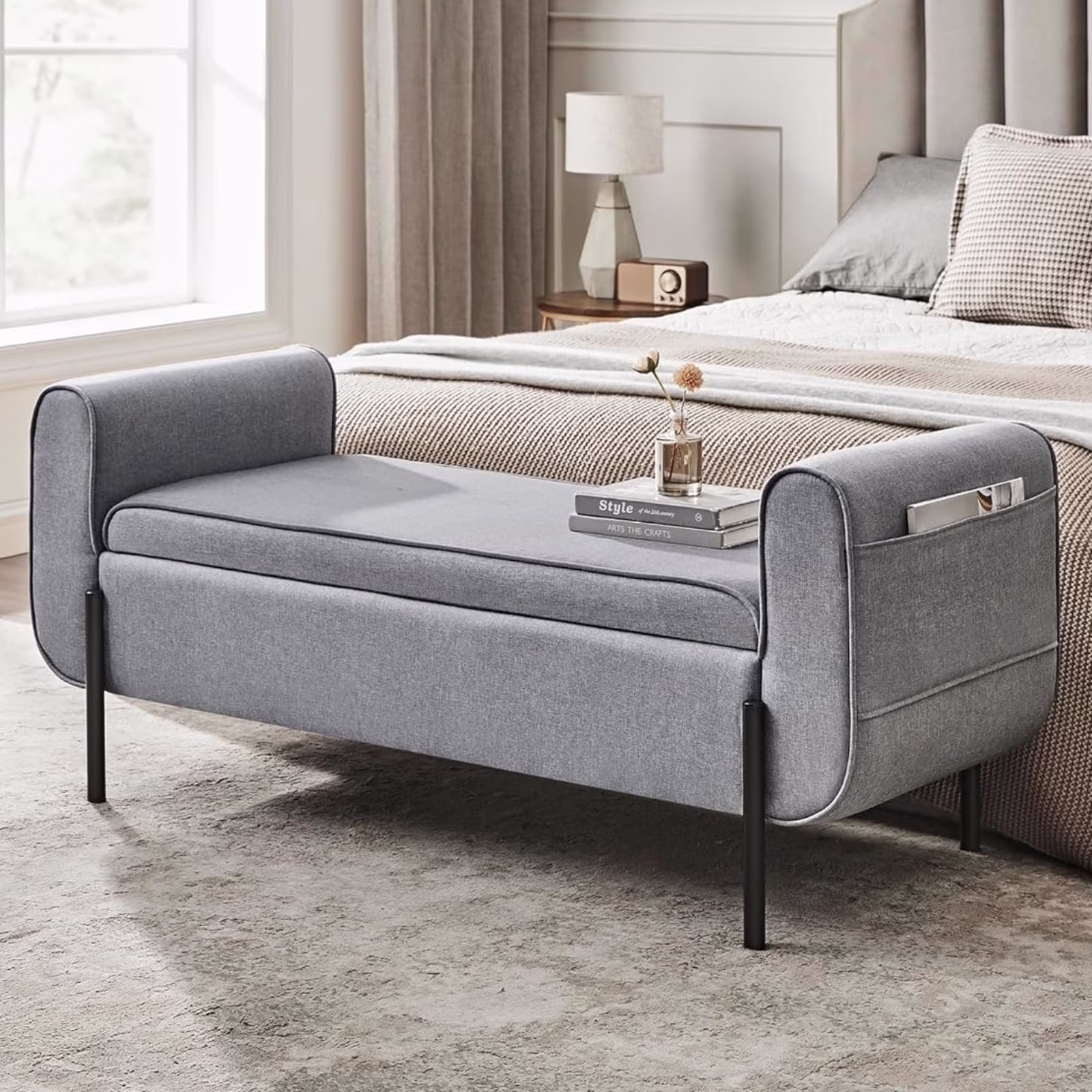 SONGMICS 46.5" Storage Ottoman Bench Storage Bench Bedroom Bench 330lb Load Capacity Solid Wood Legs Light Gray - Image 3