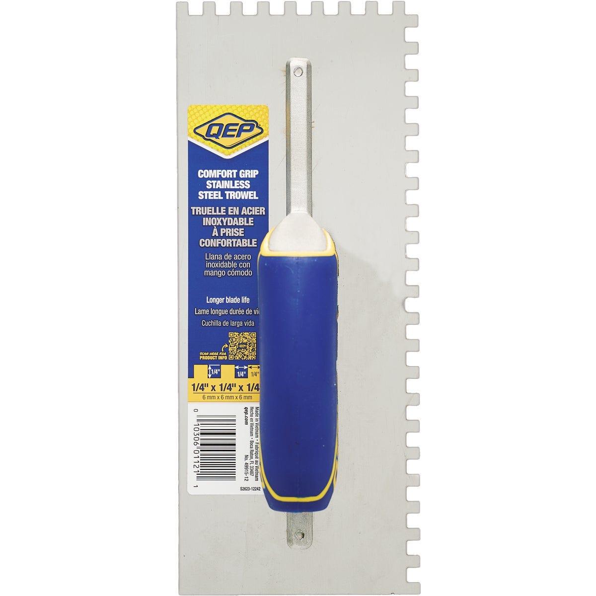 QEP 1/4 In. Stainless Steel Square Notched Trowel with Comfort Grip