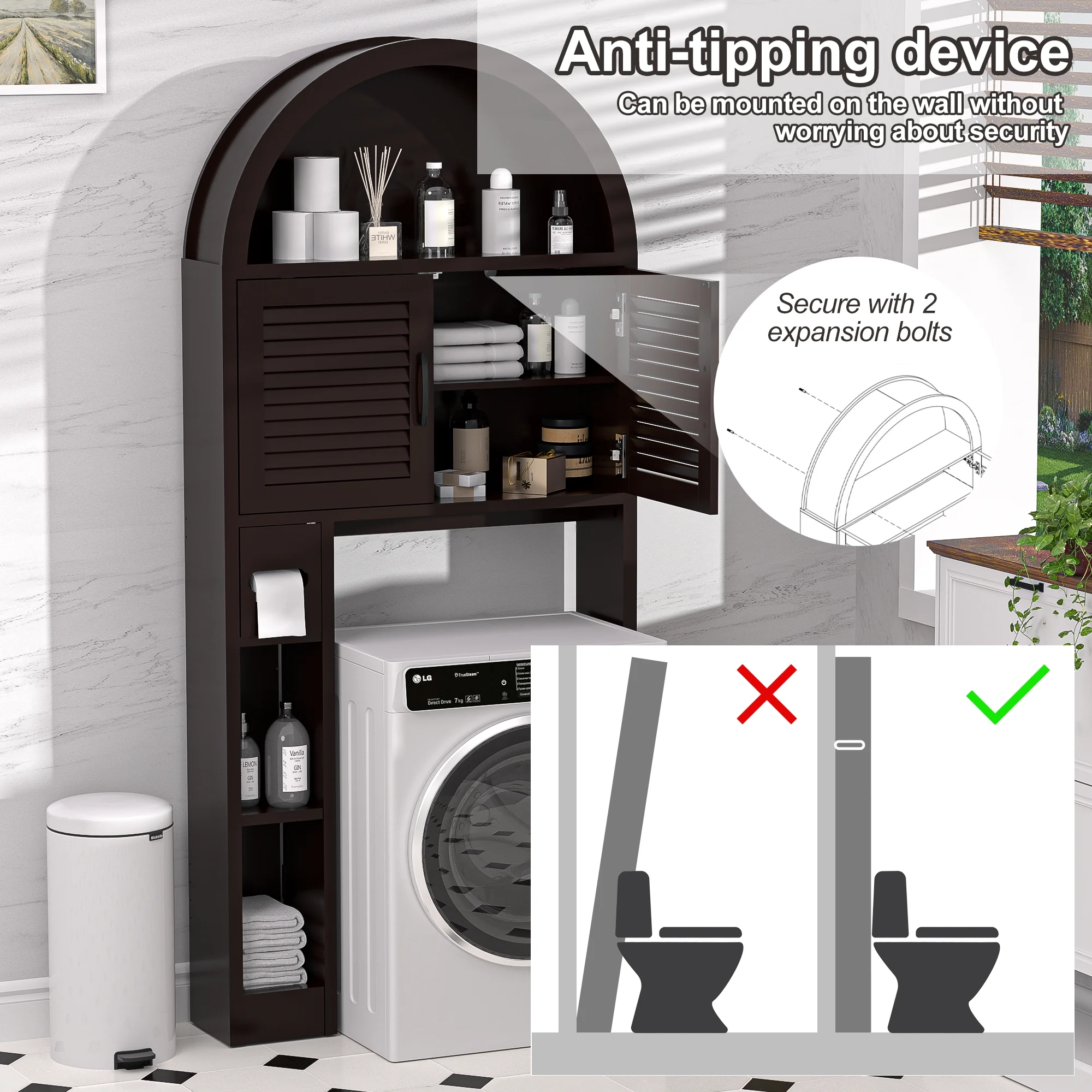 HARIPUL Over The Toilet Storage Cabinet w/ Unique Wood Grain & Arc Design, Freestanding Bathroom Shelf Organizer Space Saver w/ Doors & Anti-Tip Device, Wood Color - Image 49