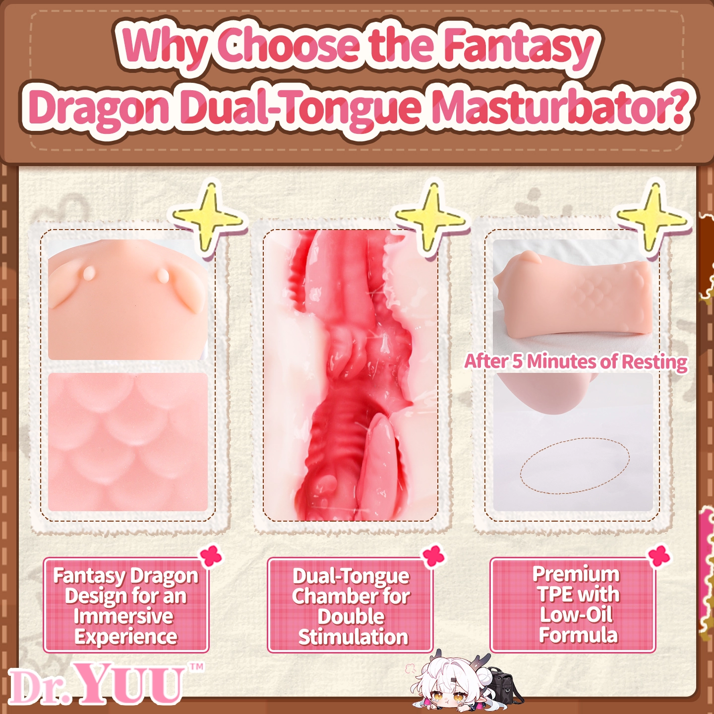 Detailed look at the soft dragon horns on the Dr.YUU hentai masturbator and oral sex toy.