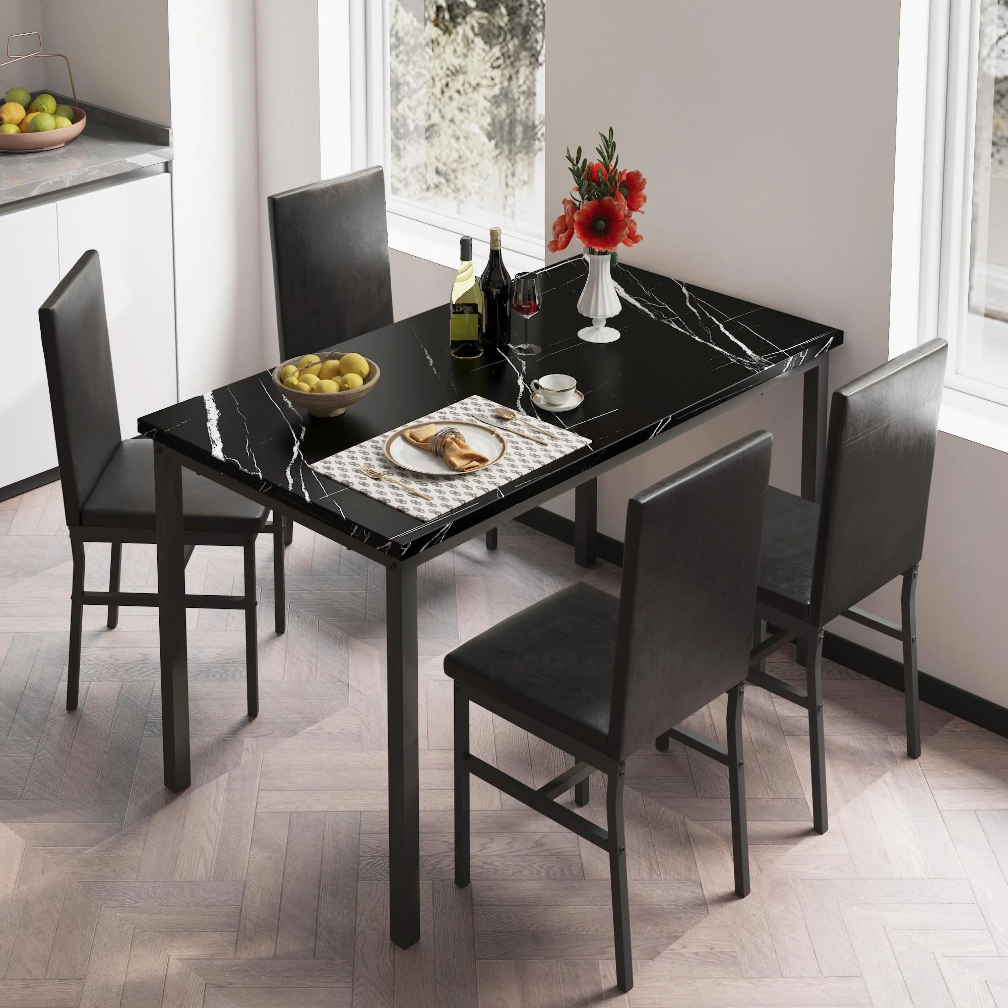 5 Piece Dining Set, Modern Dining Table and Chairs Set for 4, Counter Height Bar Table Set, Modern Pub Table with 4 Velvet Fabric Cushioned Stools, Faux Marble Dining Table & Stools Set, D9297 - Image 61