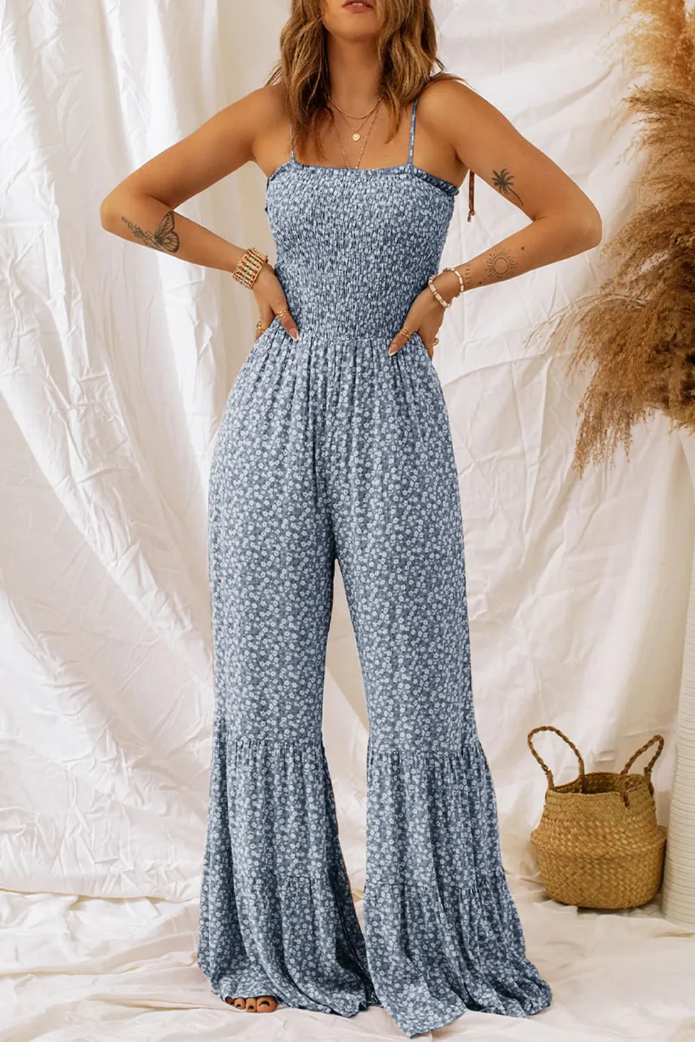 Smocked Printed Wide Strap Jumpsuit - ZKZOOK