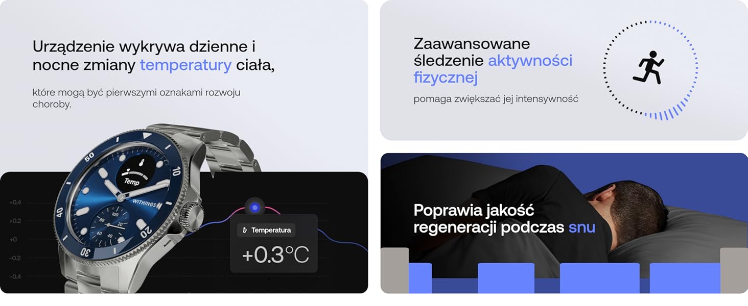 Interfejs smartwatcha pokazujący odczyt temperatury +0.3°C z niebieskim wyświetlaczem tarczy zegarka i polskim tekstem o