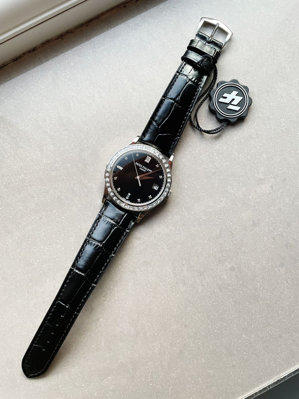 Replica PATEK PHILIPPE Calatrava ZF 5298p Date Sweep Seconds in Diamond Bezel Black Dial ZF factory - Top club
