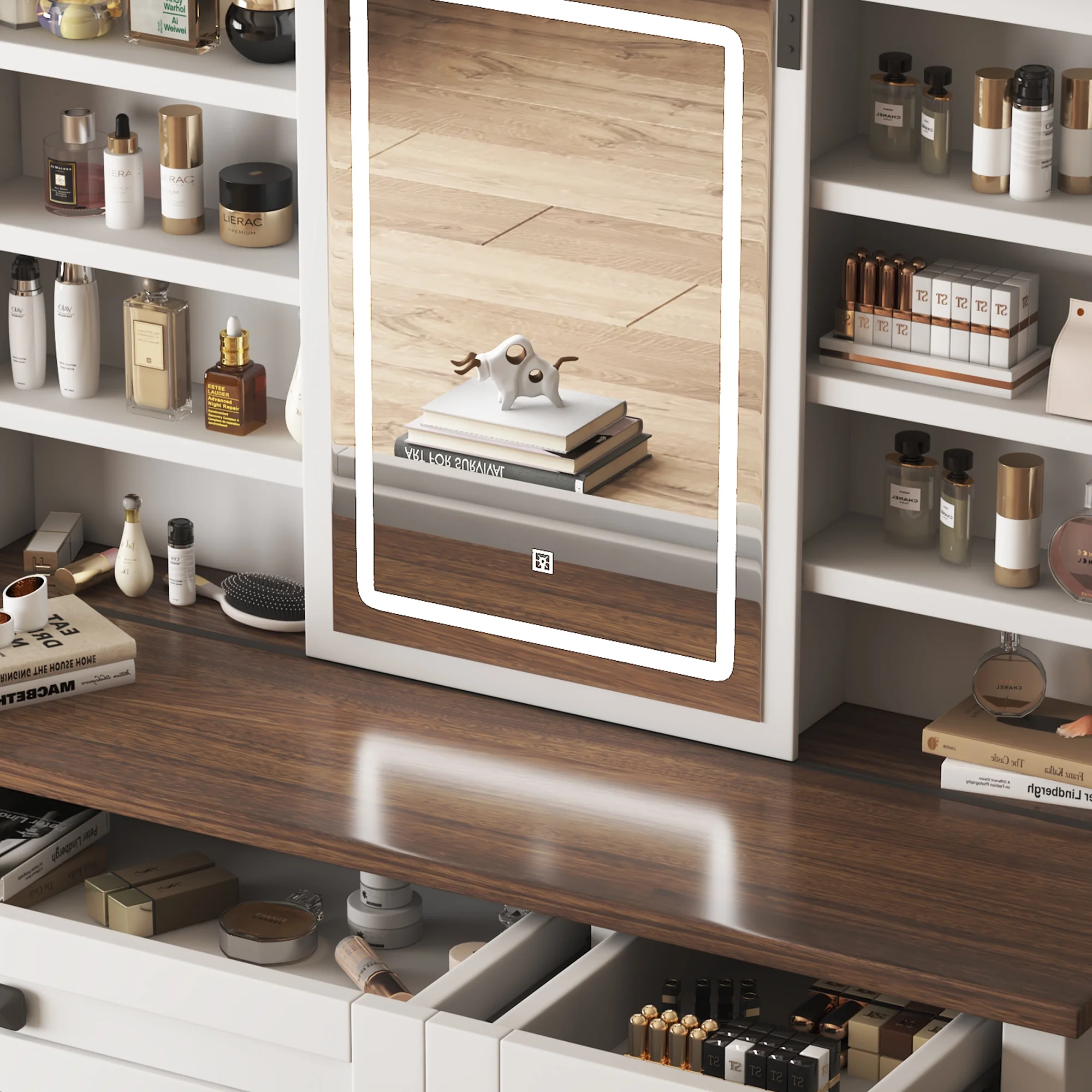 Montary Modern Mini Vanity w/Adjustable LED Mirror + Hidden Storage, Padded Stool & Dustproof Shelves (White) - Image 81