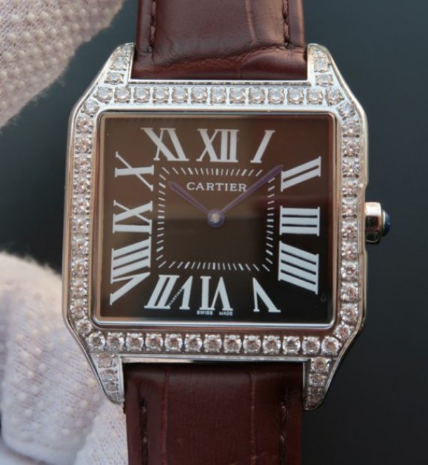 Replica Cartier Santos WH100651 Diamond SS Black Dial Leather Strap A9015 - Top club