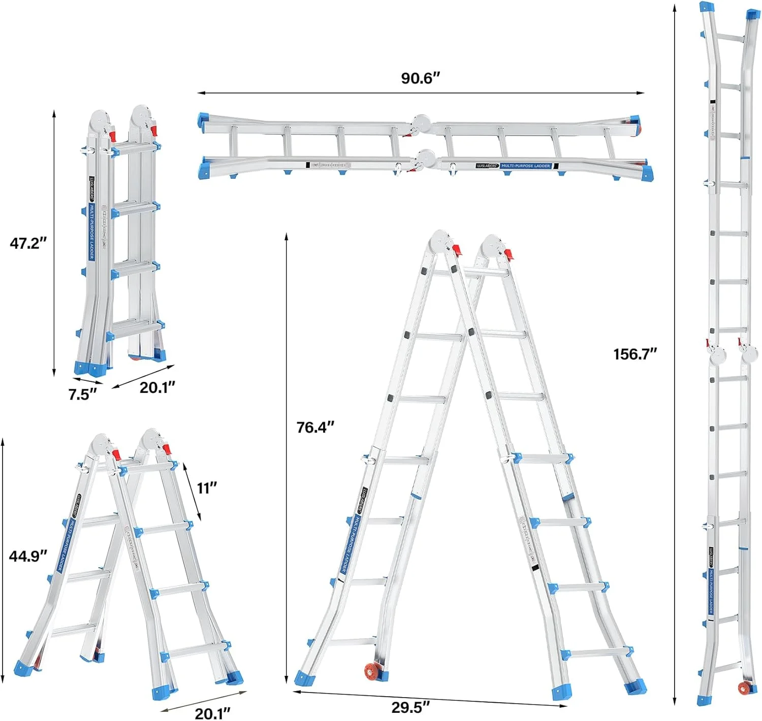 LUISLADDERS Ladder, A Frame 6 Step Ladder Telescoping Ladder, 22 Ft Reach Height Muti Position Folding Ladder Flared Leg & Wheels Design, 330 lbs Capacity Extension Ladder for Household Outdoor Work - Image 23