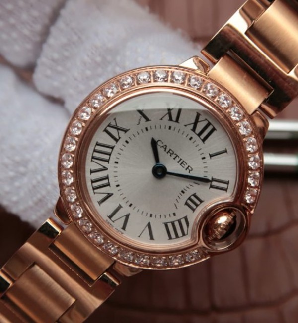 Replica Cartier Ballon Bleu 28mm RG Diamonds Bezel White Dial Bracelet Ronda Quartz - Elite Watch Atelier
