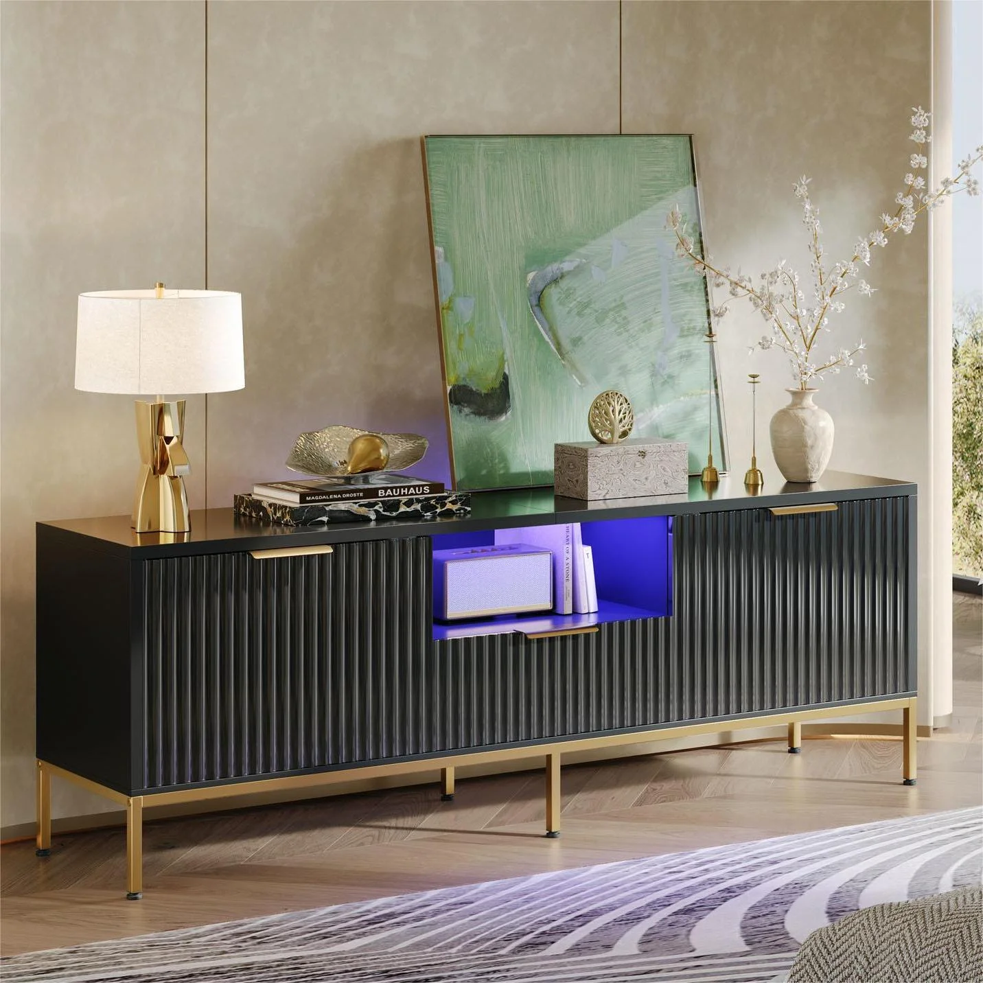Bestier 55" LED TV Stand for TVs up to 60" Modern High Gloss Entertainment Center with Drawers Cabinets Fluted TV Console, White & Gold - Image 13