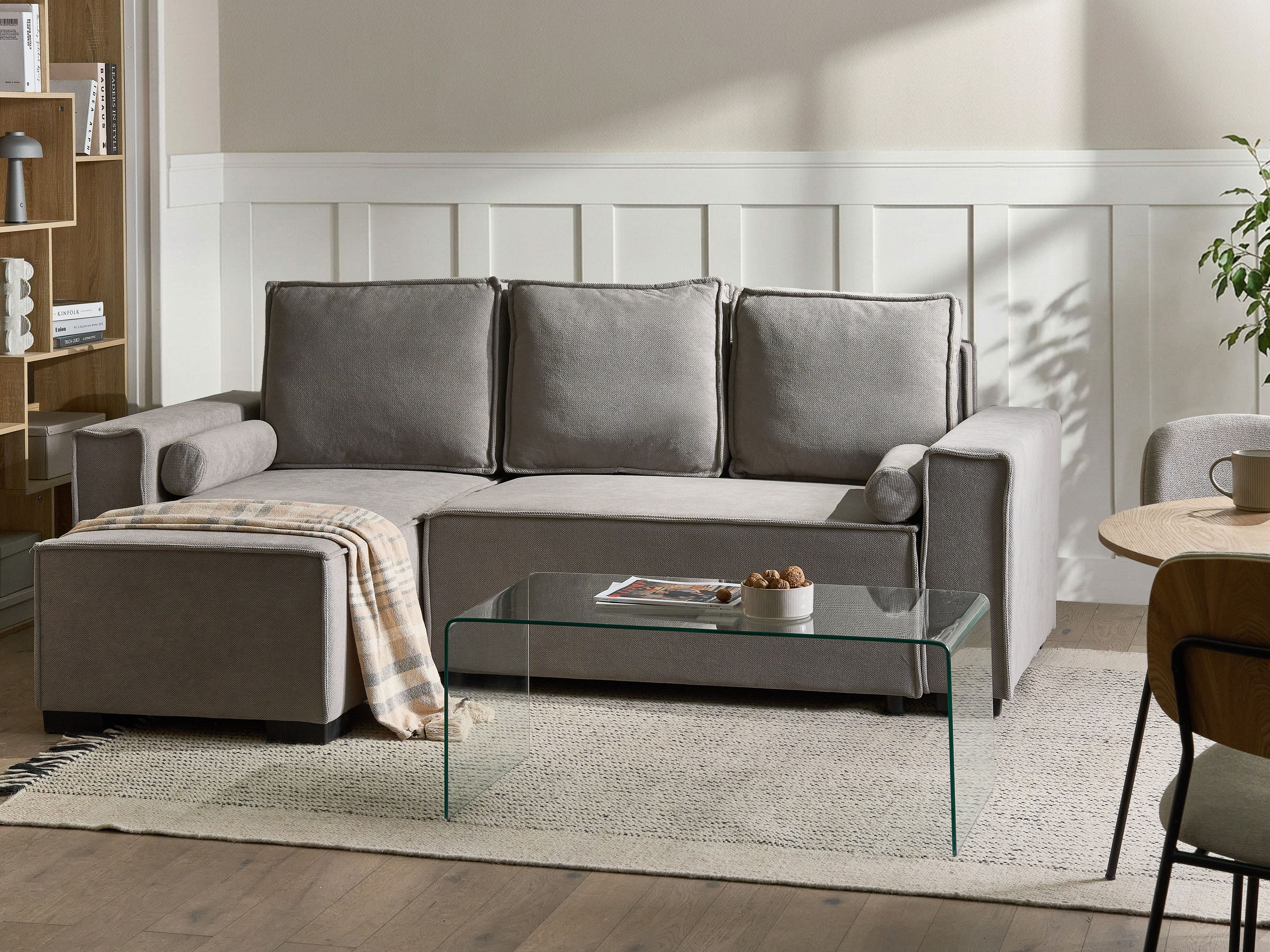 Corner Sofa Bed 3 Seater EDANE Fabric Grey with Storage Right Hand