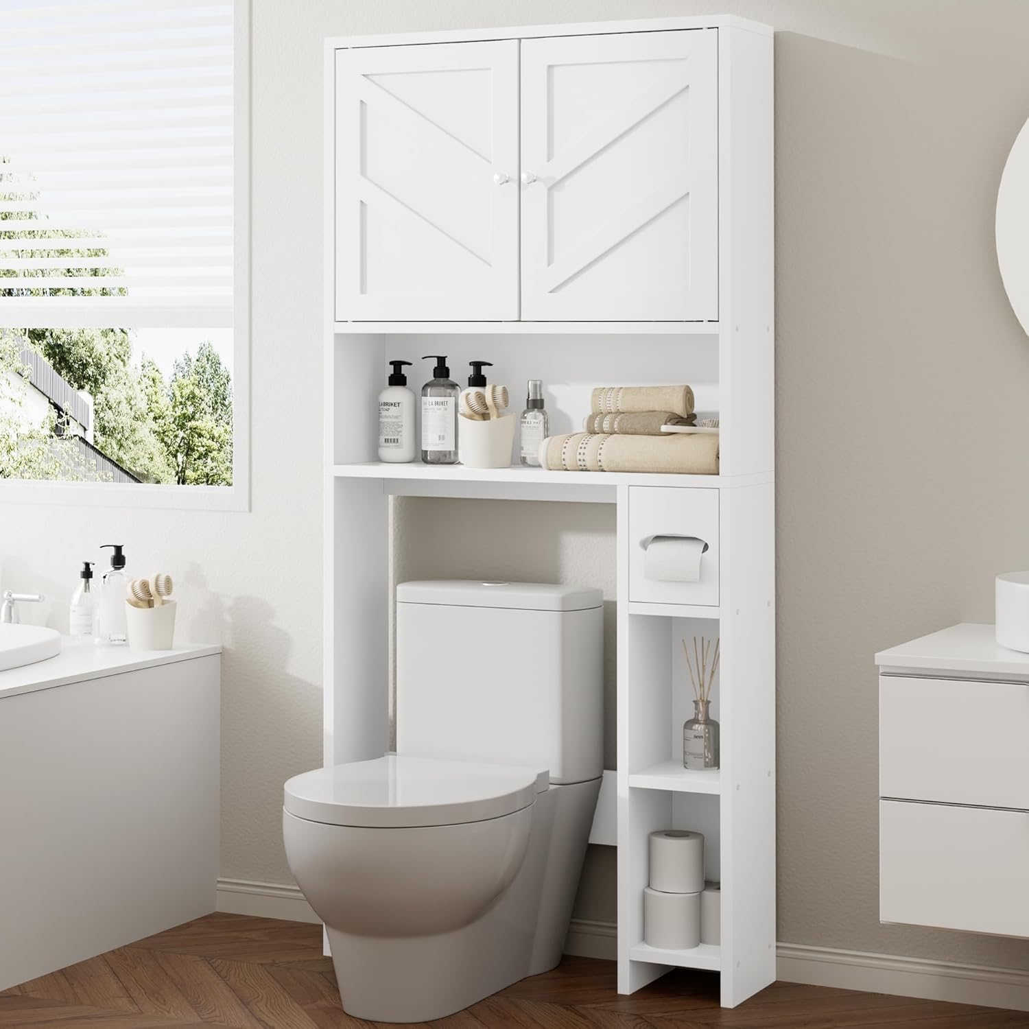Meilocar Bathroom Storage Cabinet Over Toilet with Toilet Paper Holder Stand, Freestanding Bathroom Storage Organizer Cabinet Space Saver W/Adjustable Shelf, White