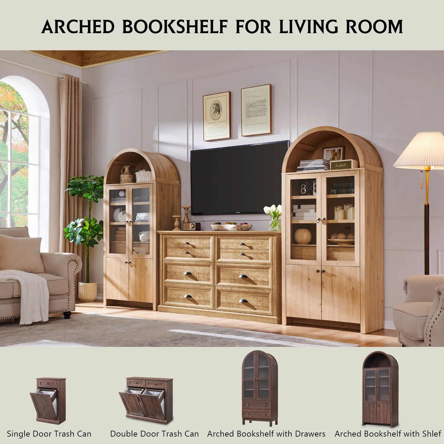 IFGET 71-Inch Arched 4-Tier Bookcase with Glass Doors and Drawers - Image 27