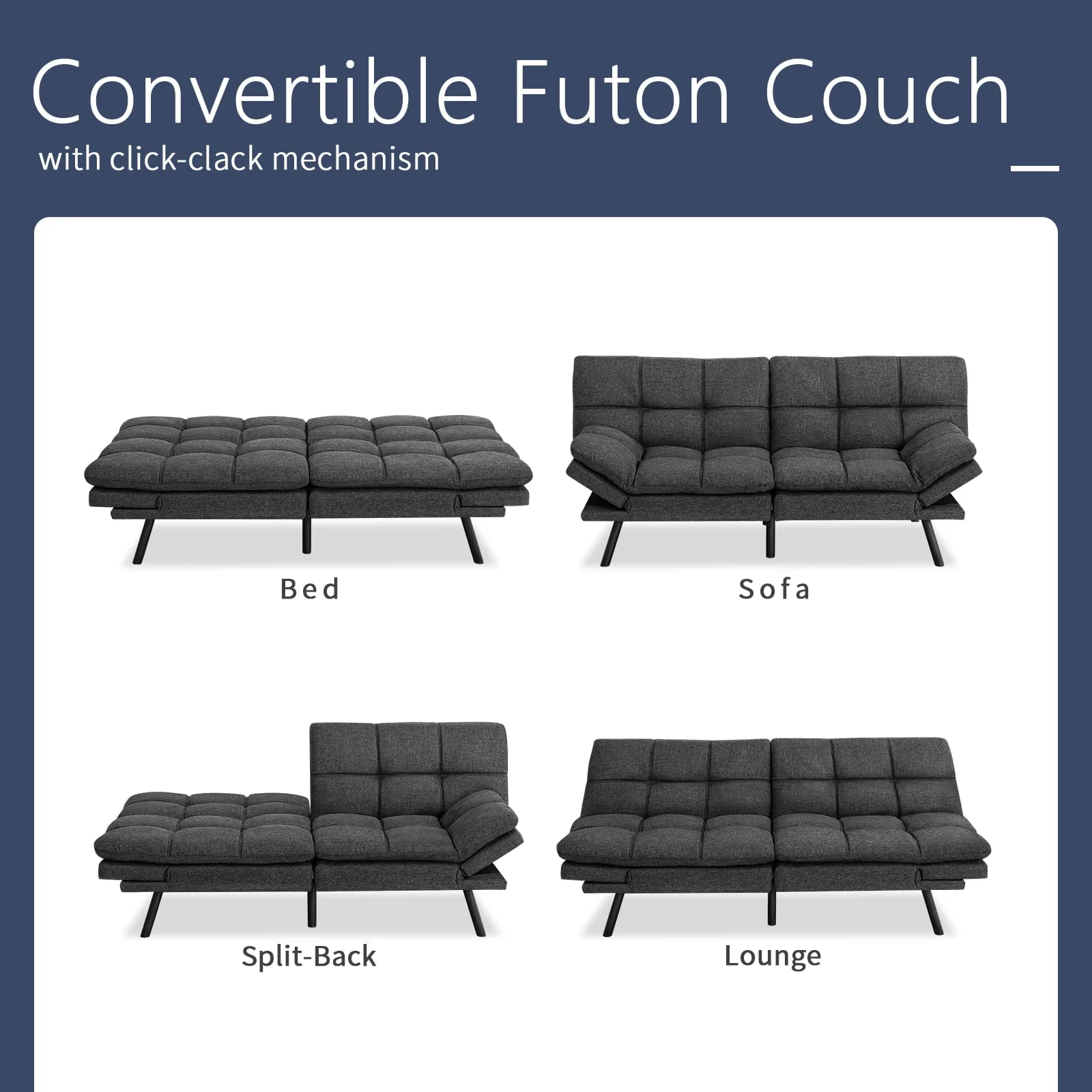Convertible Memory Foam Futon Sofa Bed with Adjustable Armrests and Backrest,Gray - Image 5