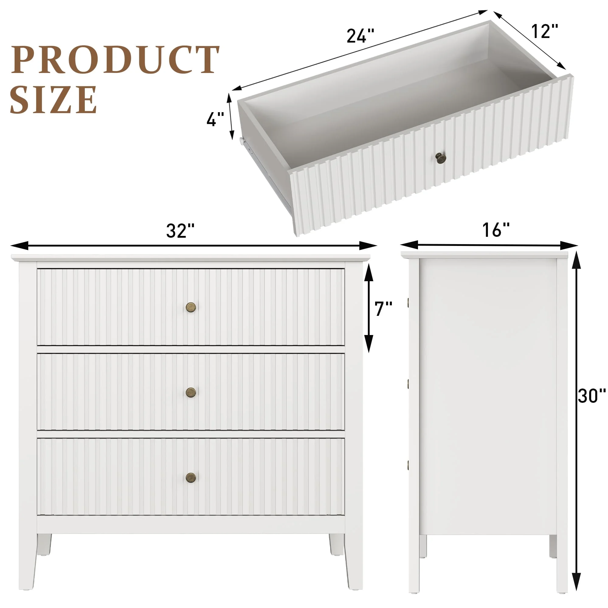 May Color Large White 3 Drawer Dresser Set of 2 with Fluted Panel, Modern Chest of Drawers with Silent Slide Drawers, Wood Accent Nightstand with Storage for Bedroom Living Room, Hallway - Image 32