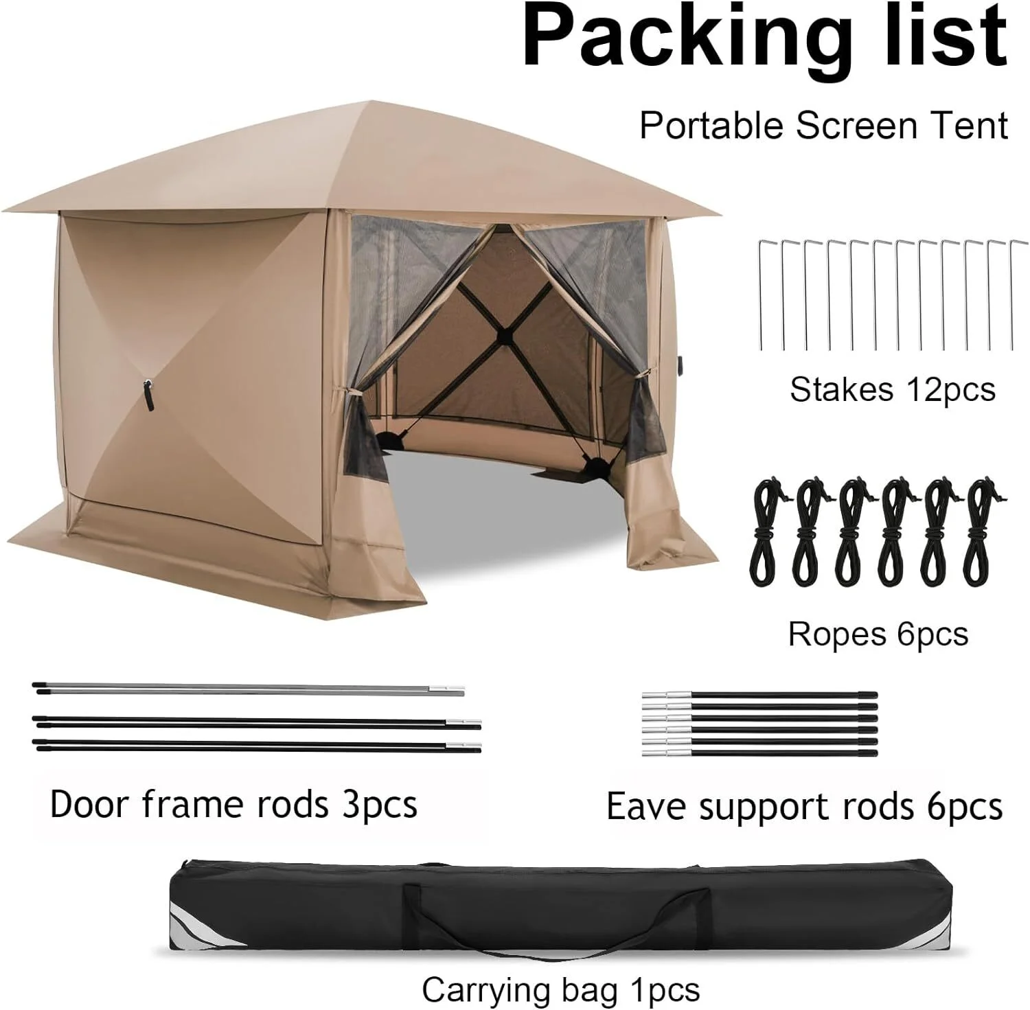 COBIZI 12'x12' Pop-up Gazebo Outdoor Camping Tent with 6 Sides Mosquito Netting, Waterproof, UV Resistant, Portable Screen House Room, Easy Set-up Party Tent with Carry bag, Ground Spike, Brown - Image 19