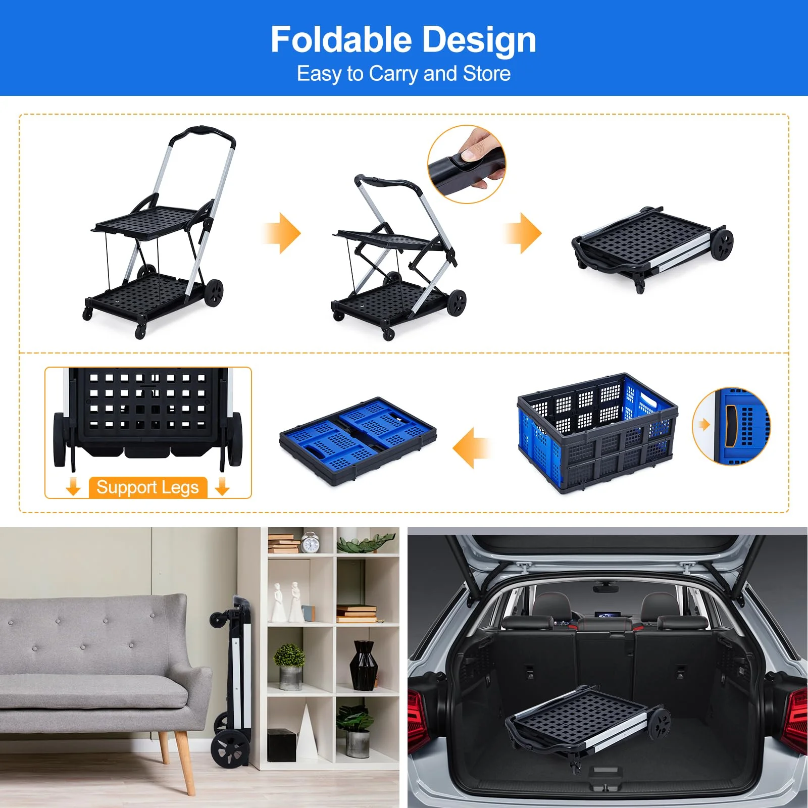 Collapsible Utility Cart, Multi Use Functional Collapsible Shopping Carts, 2-Tier Collapsible Shopping Cart with Storage Crates, Heavy Duty Utility Cart Folding Trolley for Shopping, Picnic and Office - Image 5