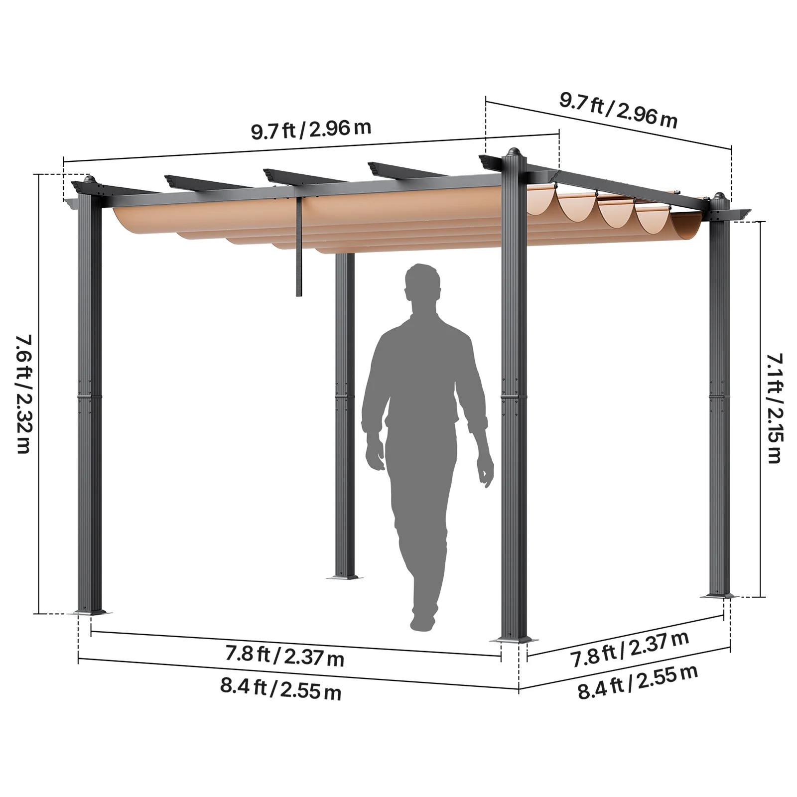 KFFKFF 10'x10' Aluminum Patio Pergola, Retractable Sun Shade Canopy, Ideal for Outdoor Gardens, Decks, and Backyards - Beige - Image 7