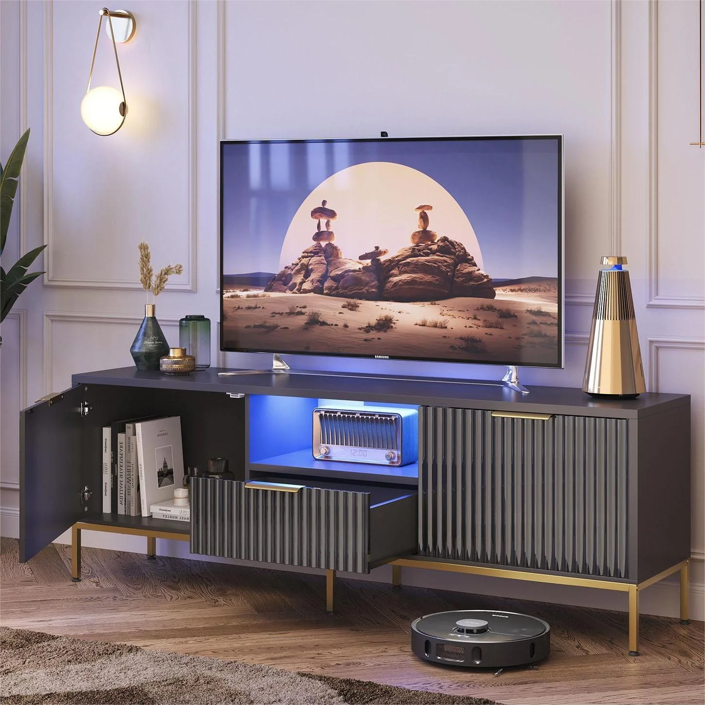 Bestier 55" LED TV Stand for TVs up to 60" Modern High Gloss Entertainment Center with Drawers Cabinets Fluted TV Console, White & Gold - Image 14