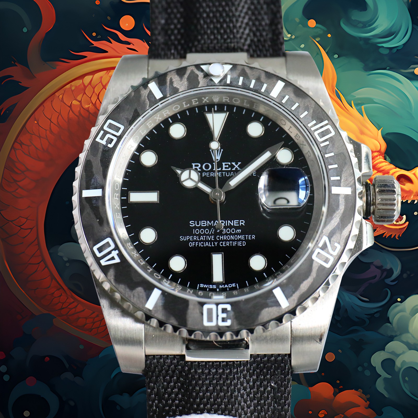 ROLEX Year of the Dragon Auspicious 🔥 🔥 Submariner Carbon Fiber Bezel - Velcro Strap - Black(1:1 replica) - Elite Watch Atelier